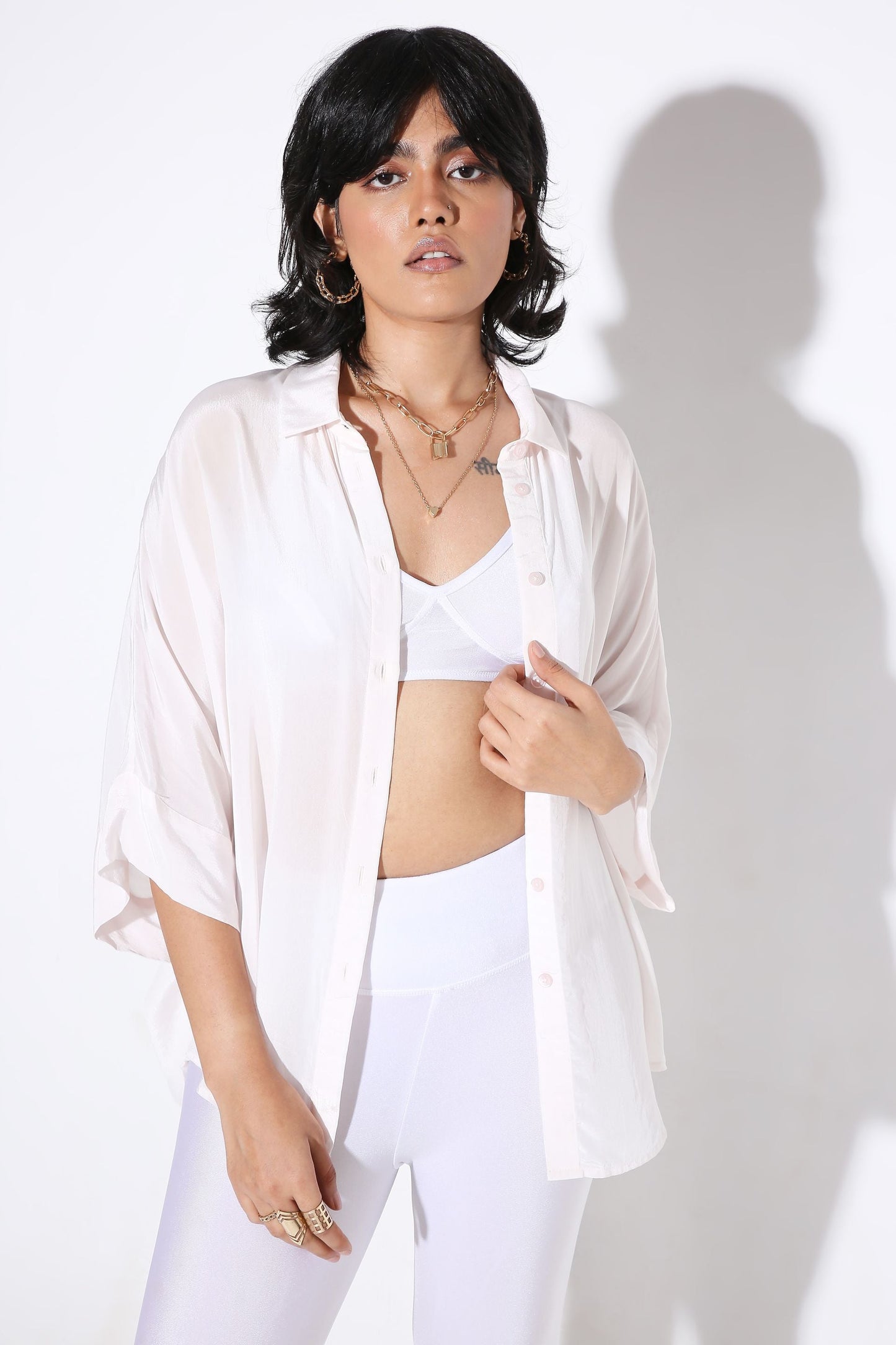 Relaxed fit Long Shirt and Flared Shorts Solid Color-Coord Set - Monokrom