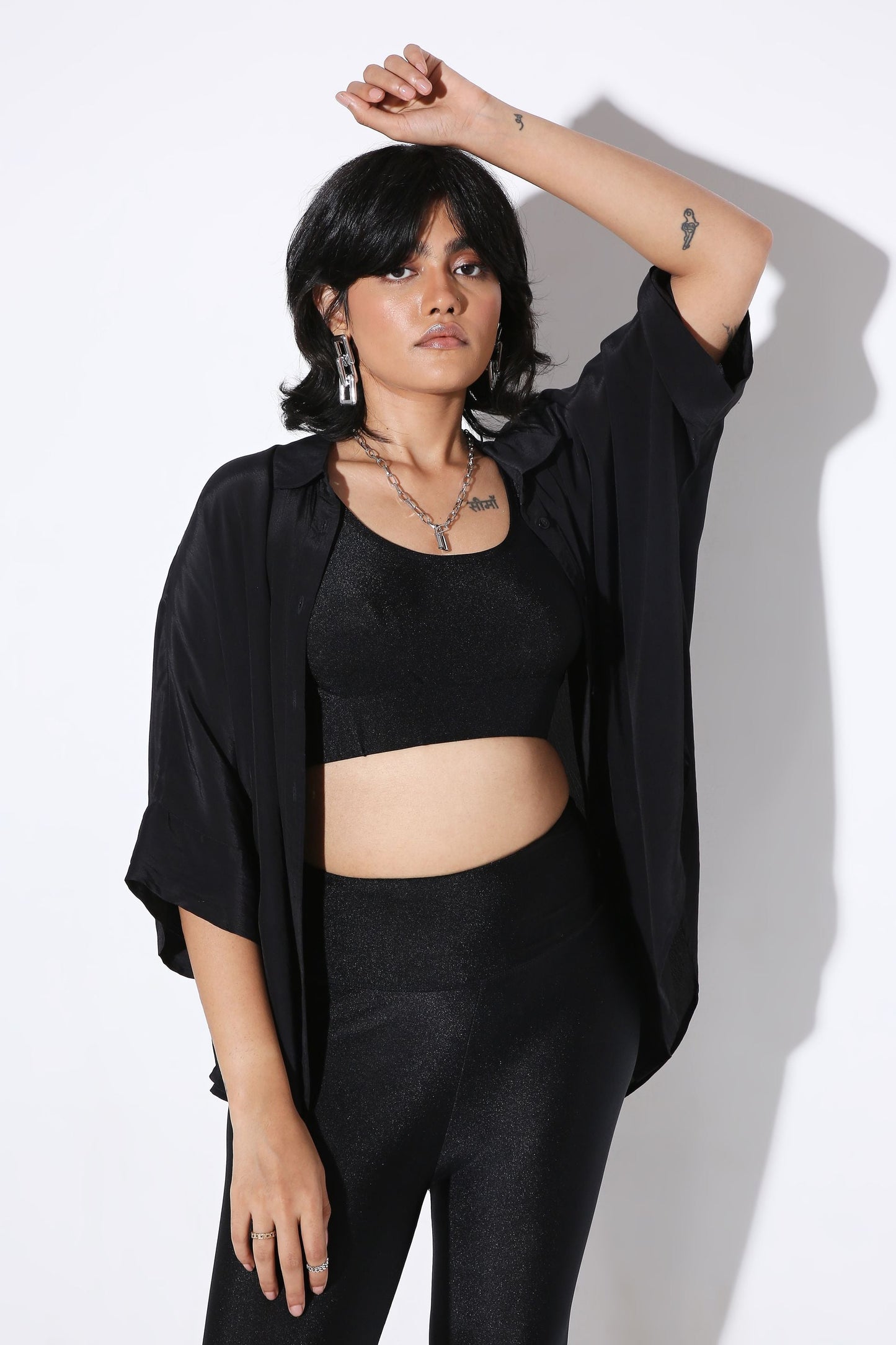 Relaxed fit Long Shirt and Flared Shorts Solid Color-Coord Set - Monokrom