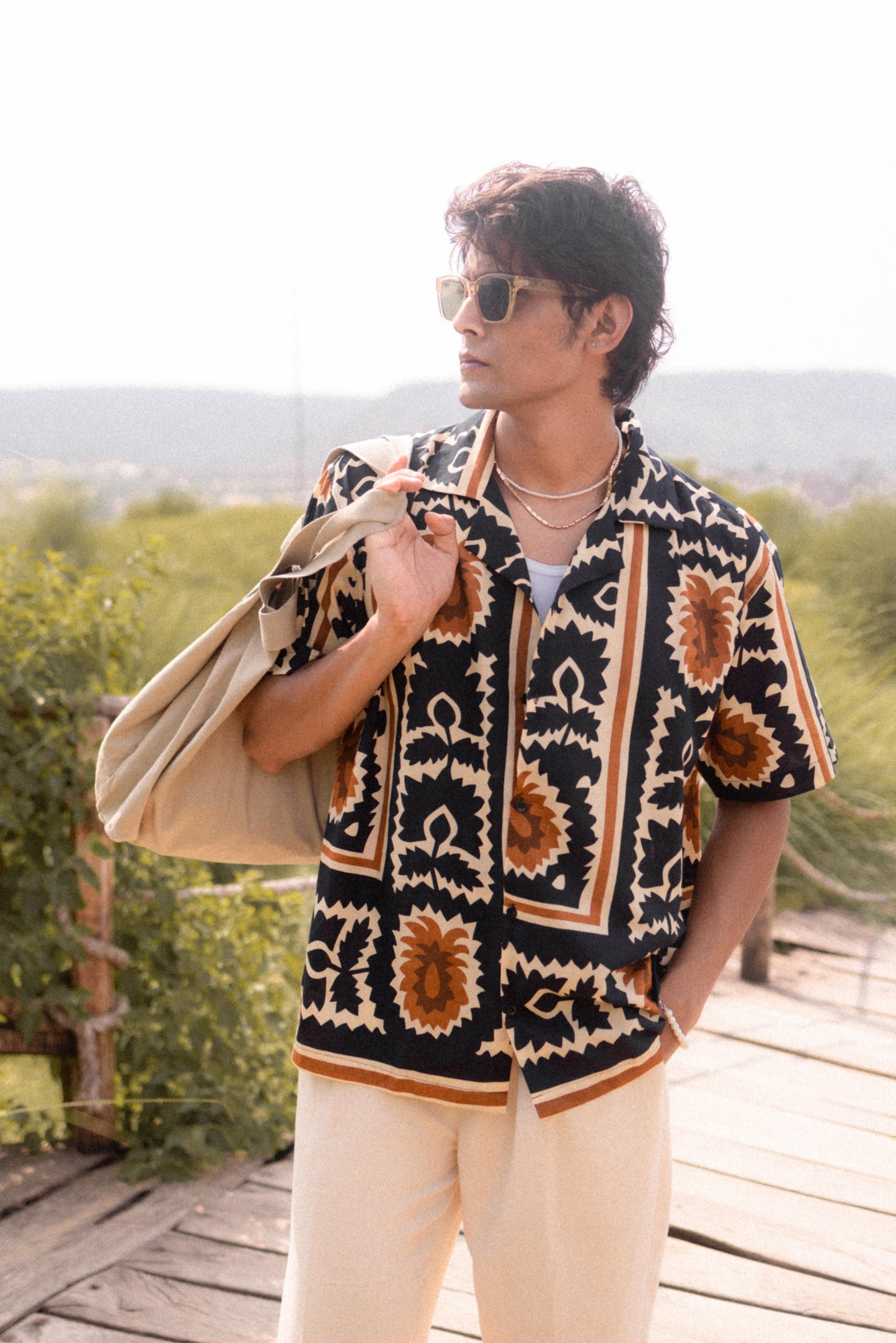 Beige & Navy Printed Shirt