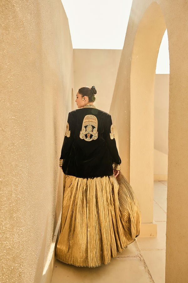 BLACK BLAZER WITH GOLD WAIST COAT AND GOLD LEHANGA