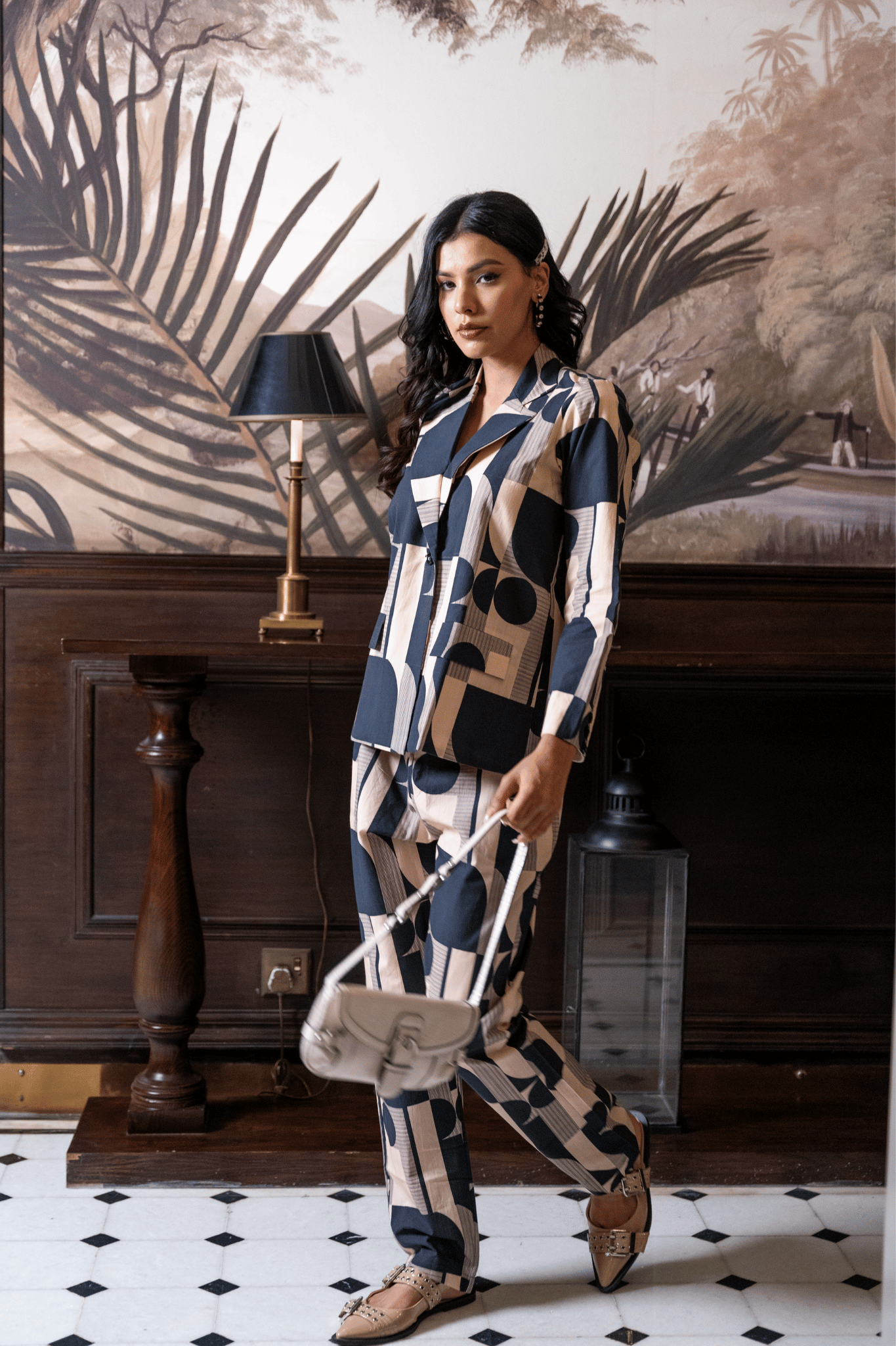Black & off white Cotton Jacket & Trousers