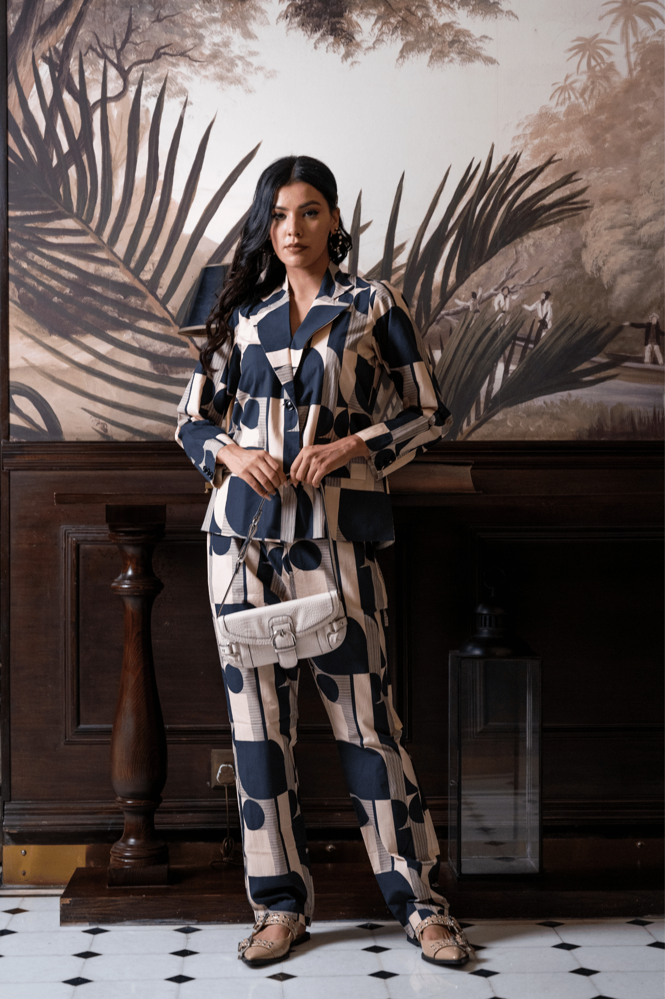 Black & off white Cotton Jacket & Trousers
