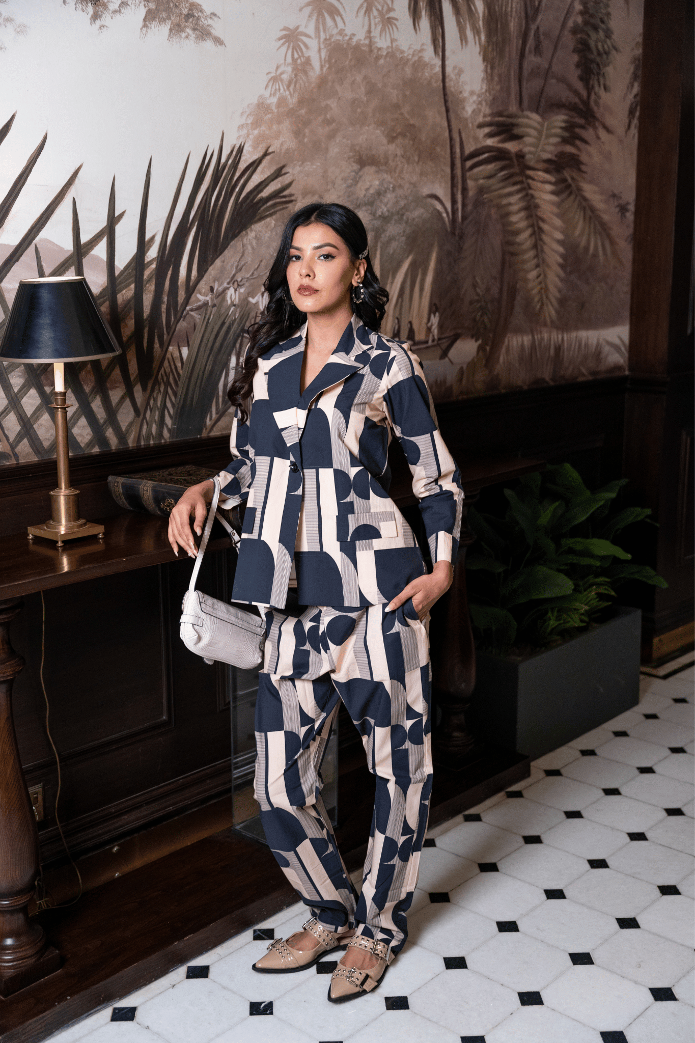 Black & off white Cotton Jacket & Trousers