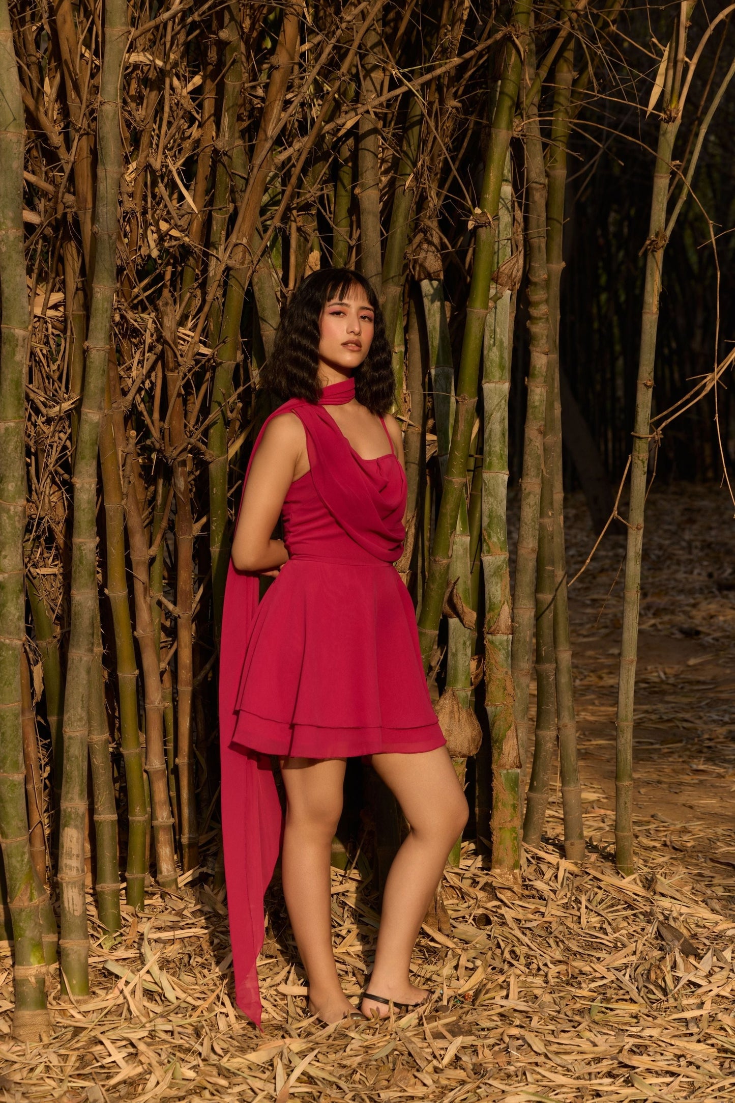 Fuchsia Draped Cowl Neck Mini Dress