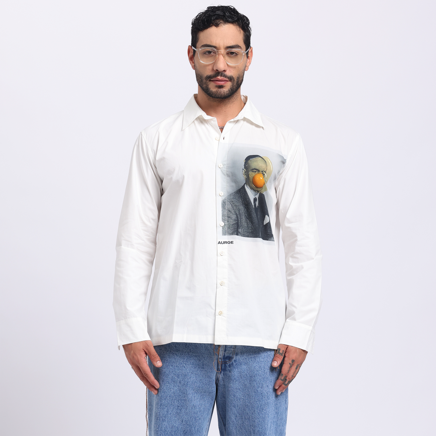Aurge Pride & Pleasure Shirt – Luxury white cotton shirt with surreal HD digital print, relaxed fit, and premium construction for elevated contemporary style