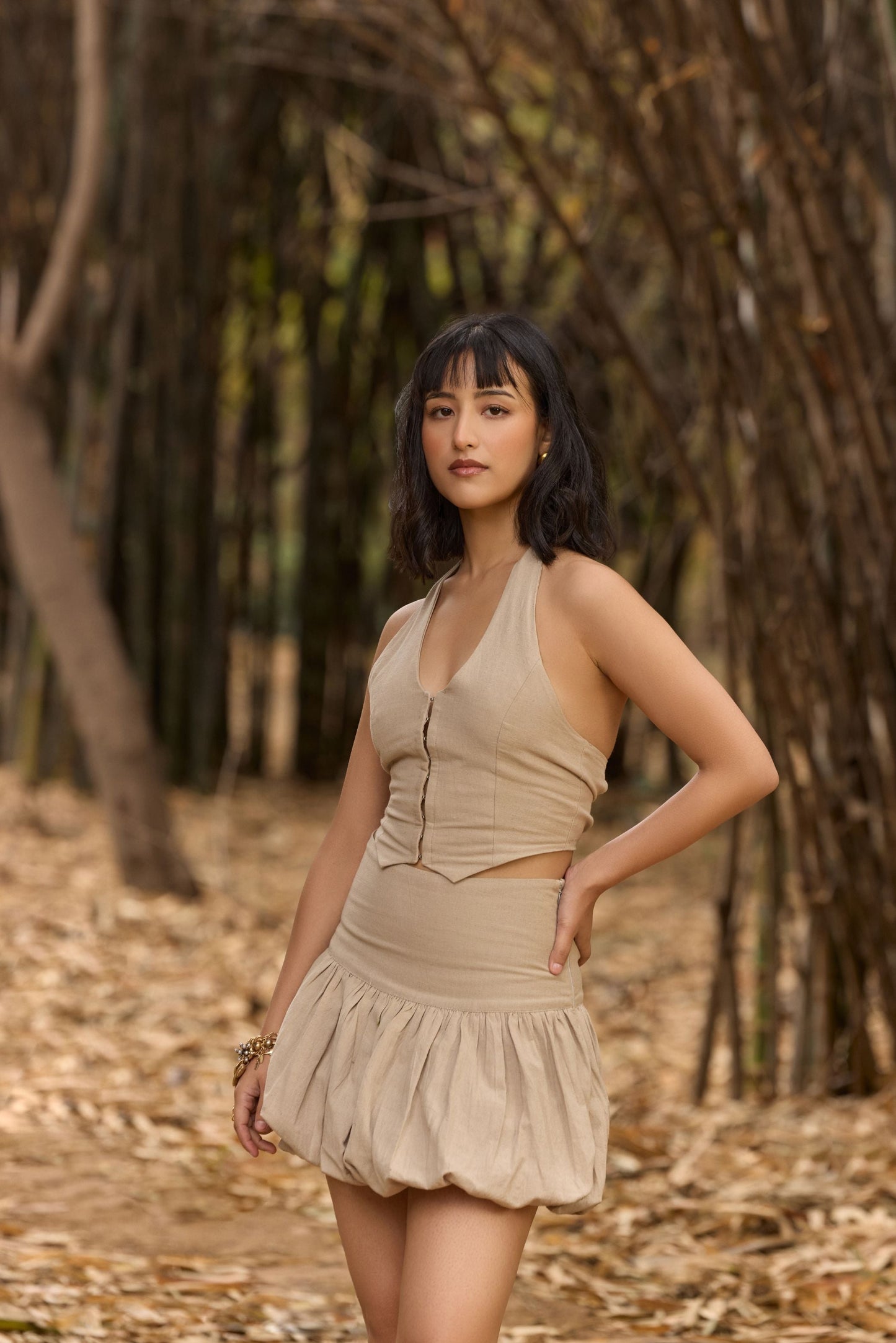 Beige Halter Neck Waistcoat & Bubble Hem Mini Skirt