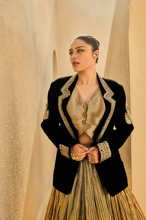 BLACK BLAZER WITH GOLD WAIST COAT AND GOLD LEHANGA