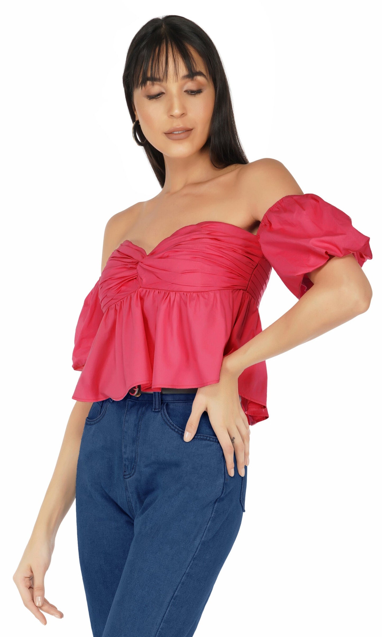 Pink Off Shoulder Puff Sleeves Top