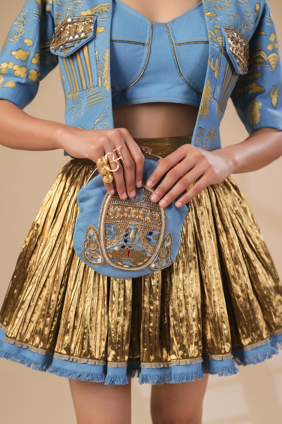 DENIM CROP JACKET WITH DENIM CORSET AND GOLD SKIRT