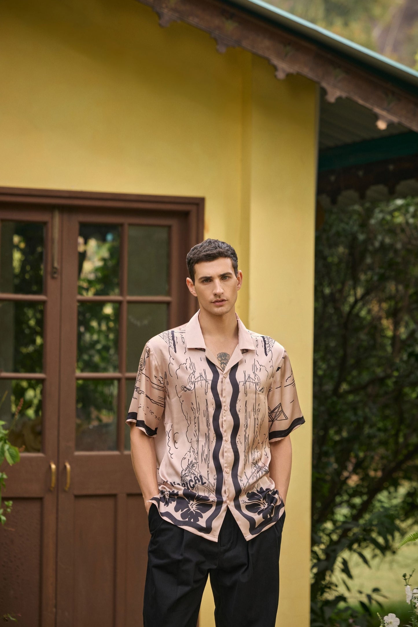 Tropical Hibiscus Printed Camp Collar Shirt