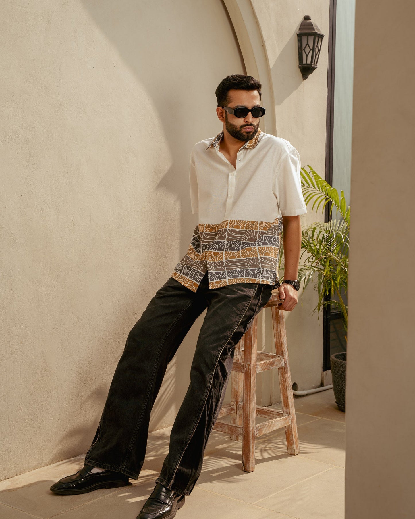 Beach Sun Beige Lower Patch Oversize Linen Shirt