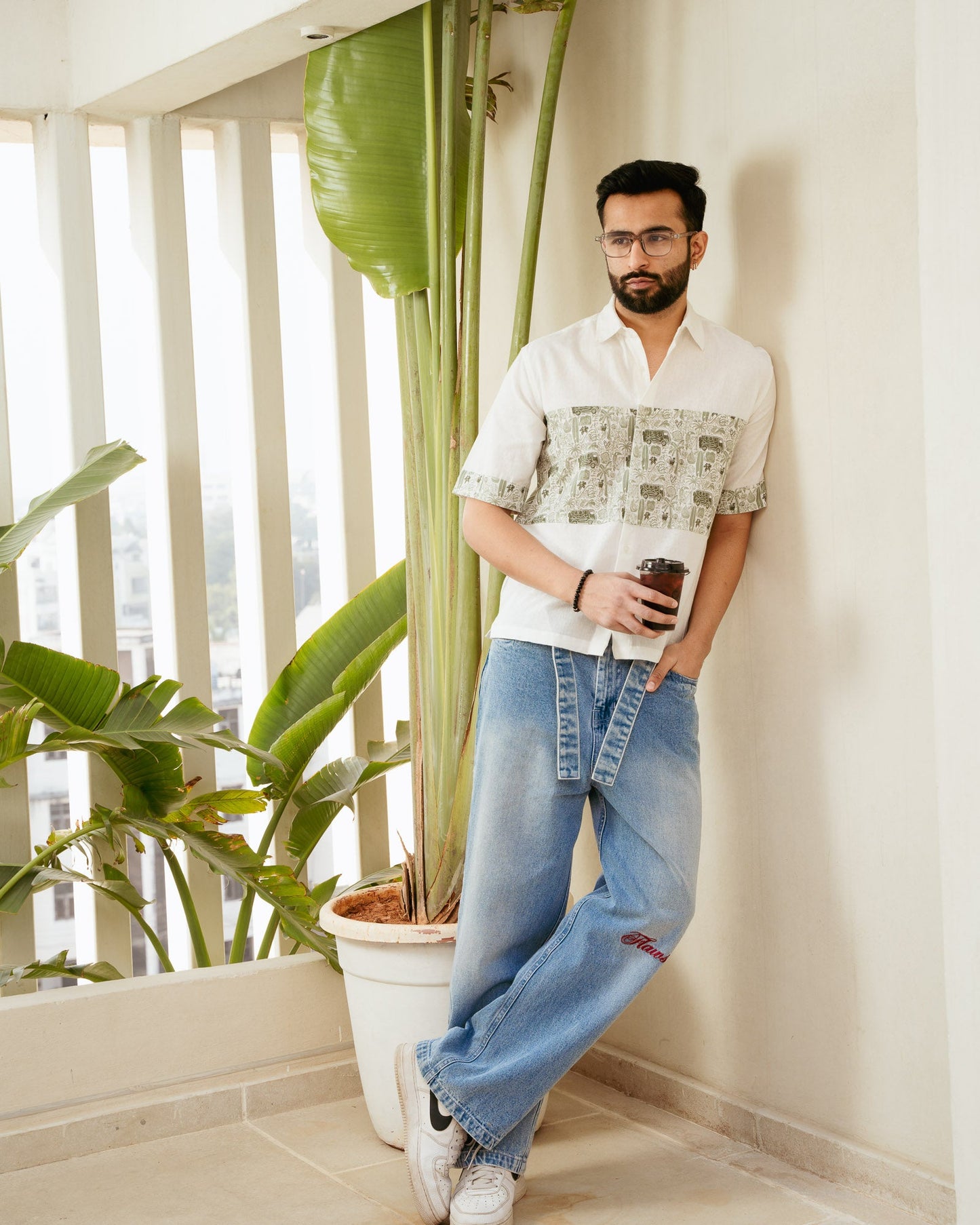 Beach Doodle Olive Middle Patch Linen Shirt