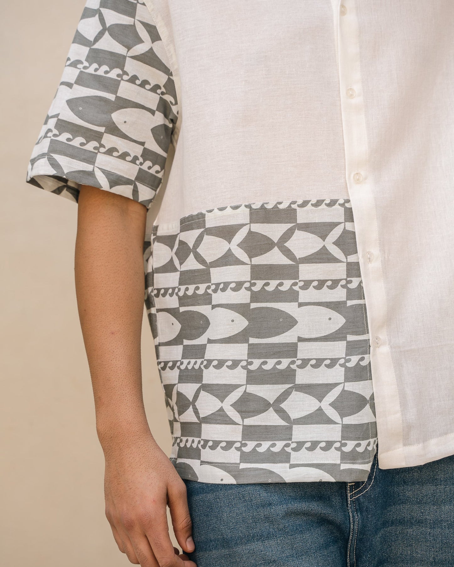 Funky Fish Side Patch Teal Blue Oversize Linen Shirt