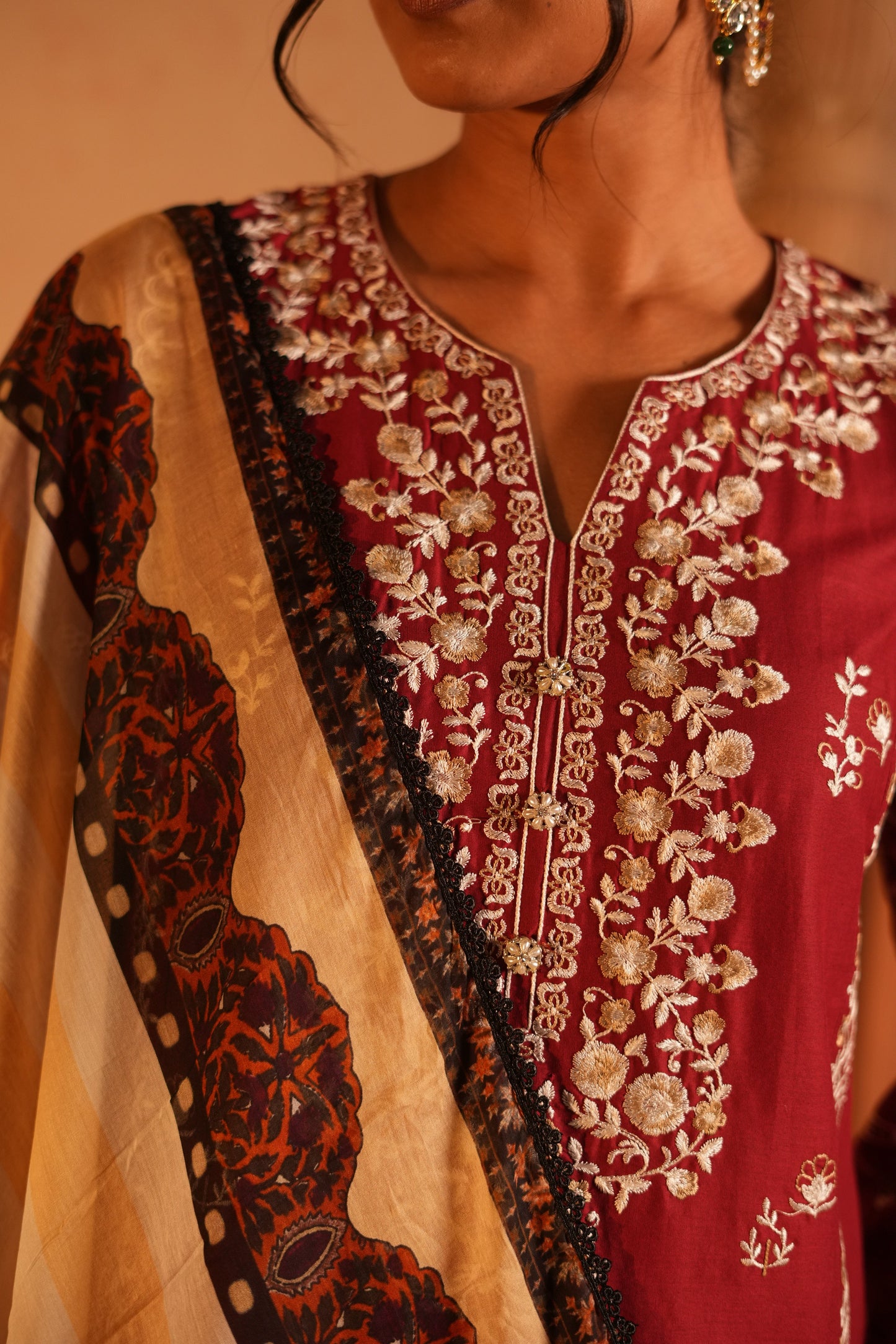 Red Lawn Embroidered Kurta Set with Dupatta