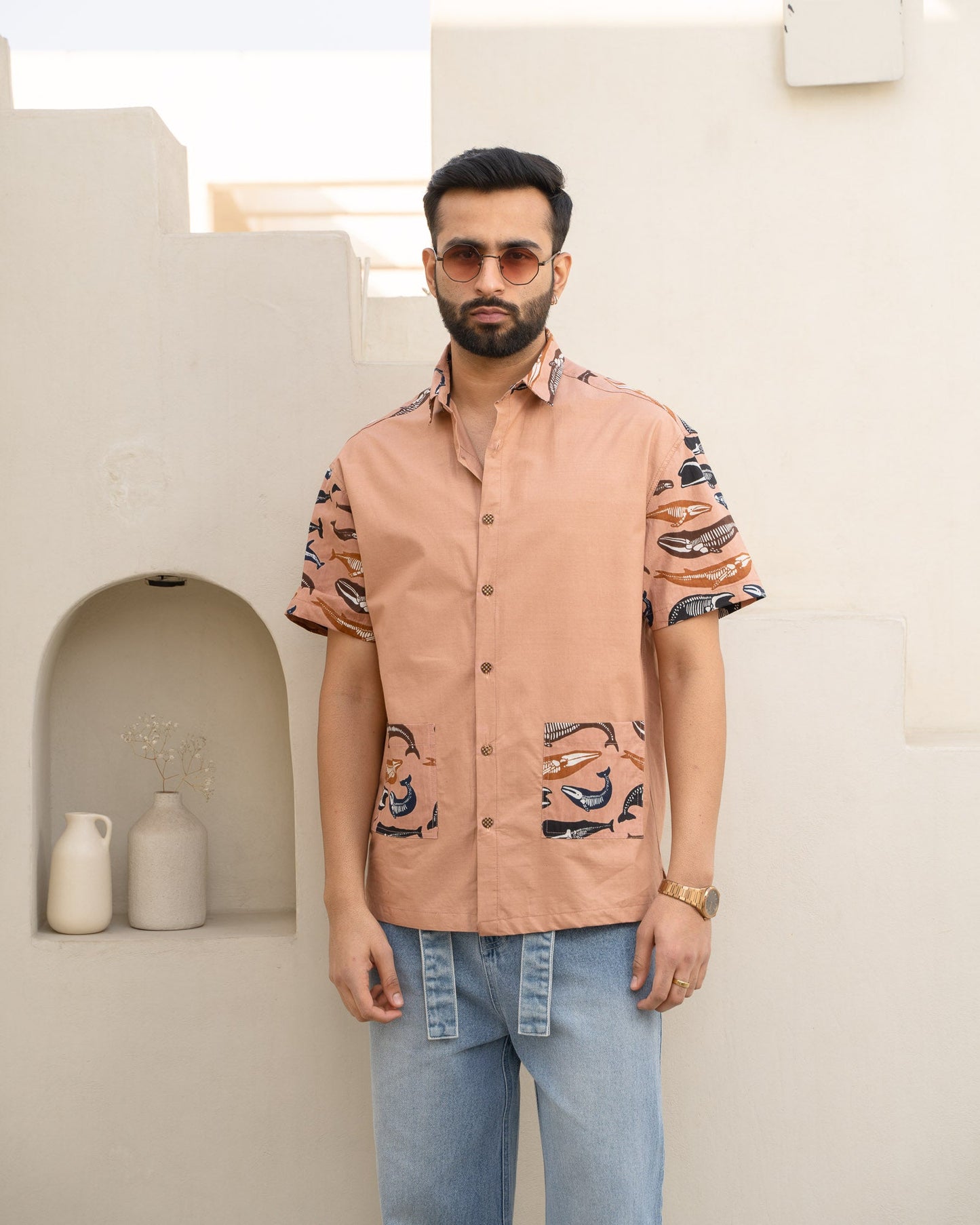 Skeleton Fish Brown Pocket Cotton Shirt