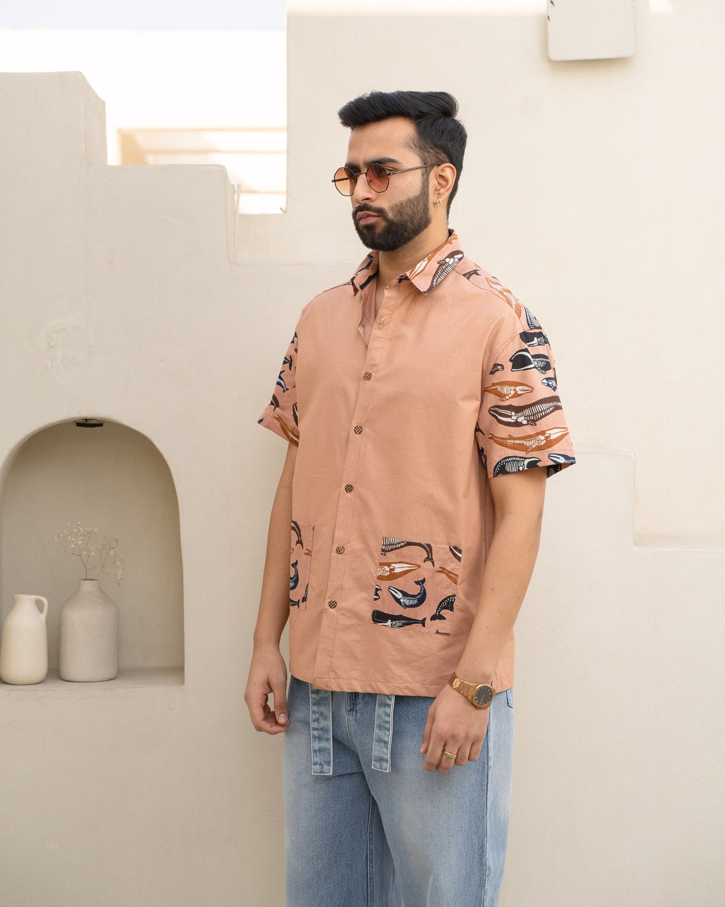 Skeleton Fish Brown Pocket Cotton Shirt