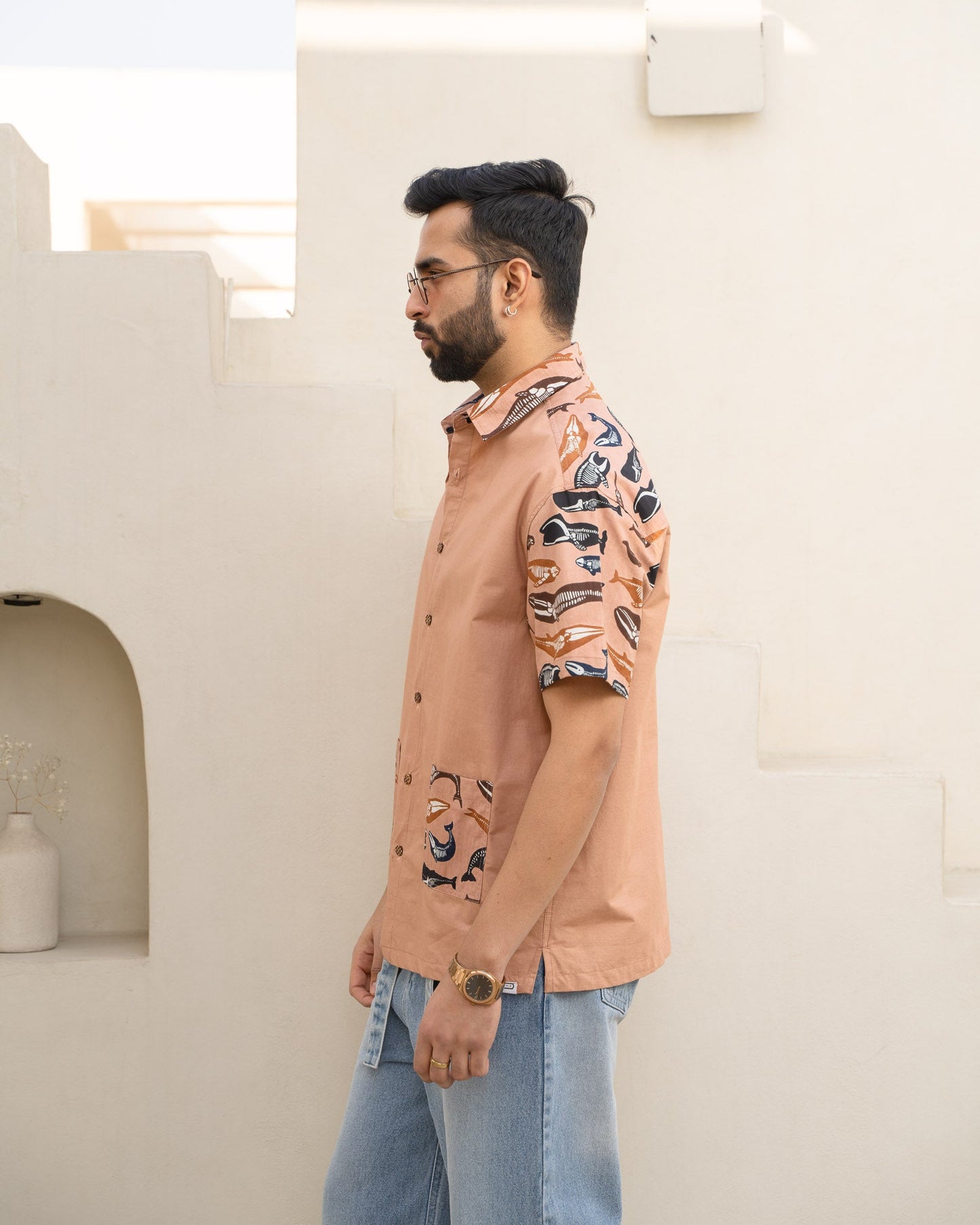 Skeleton Fish Brown Pocket Cotton Shirt