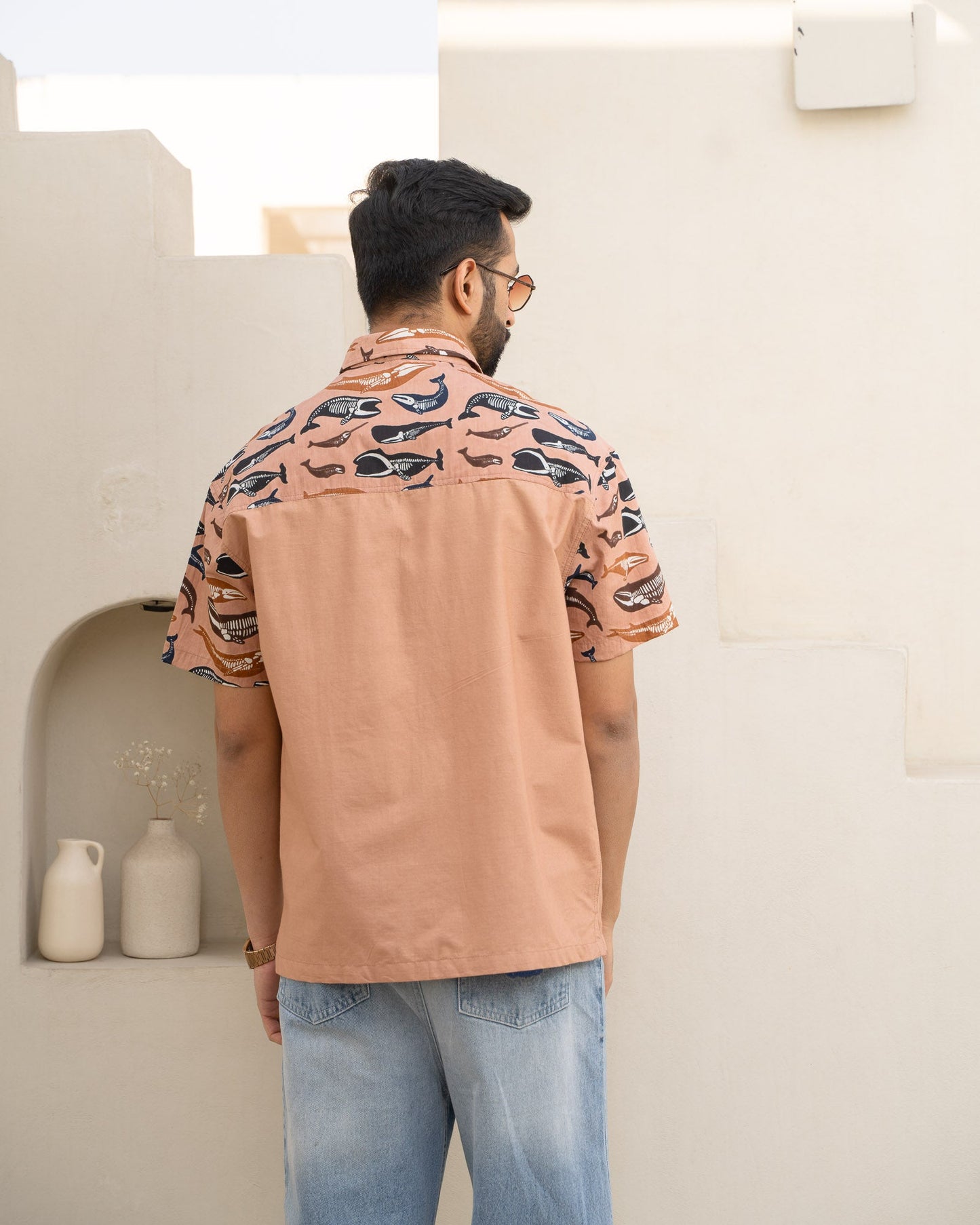 Skeleton Fish Brown Pocket Cotton Shirt