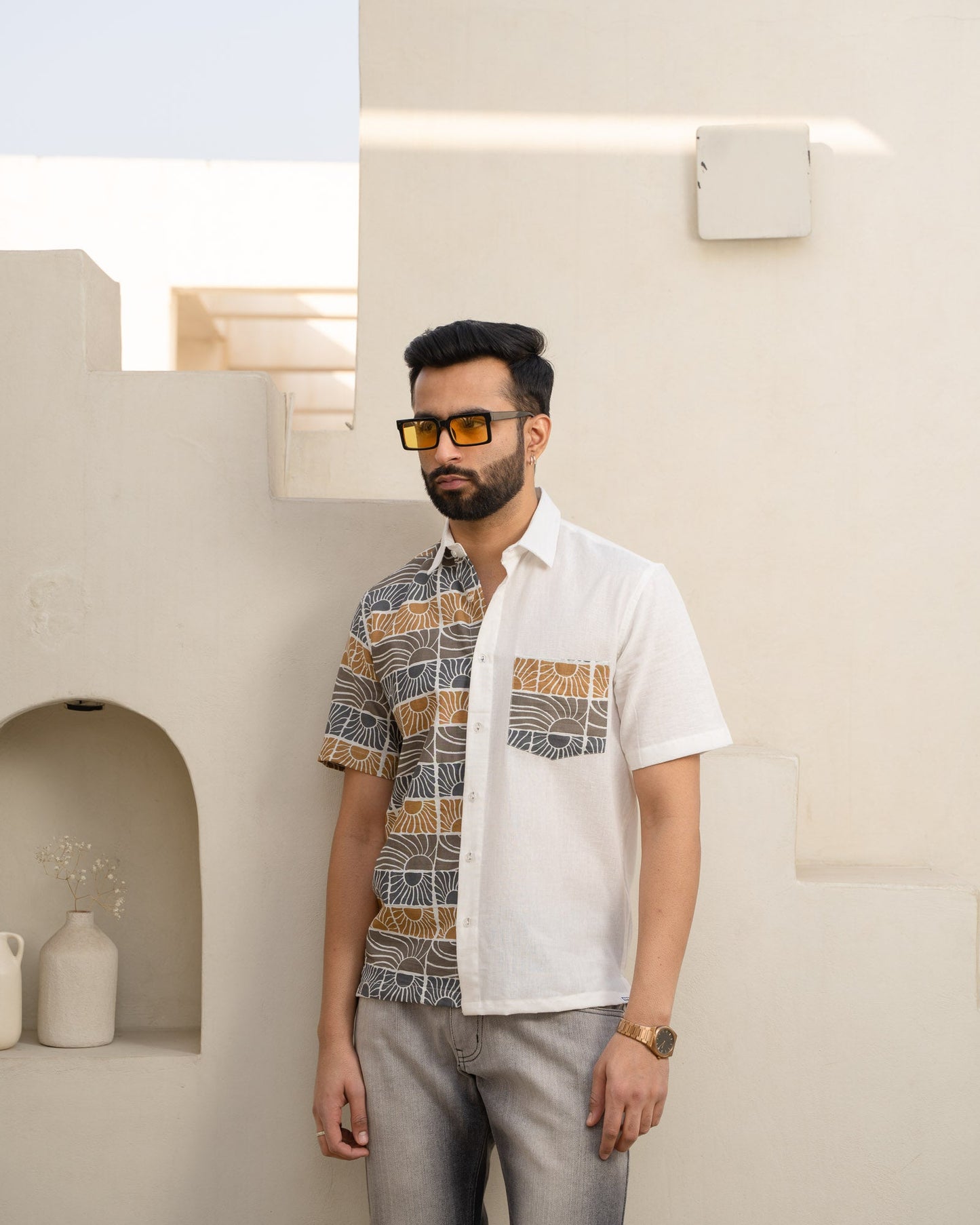 Beach Sun Half And Half Beige Linen Shirt