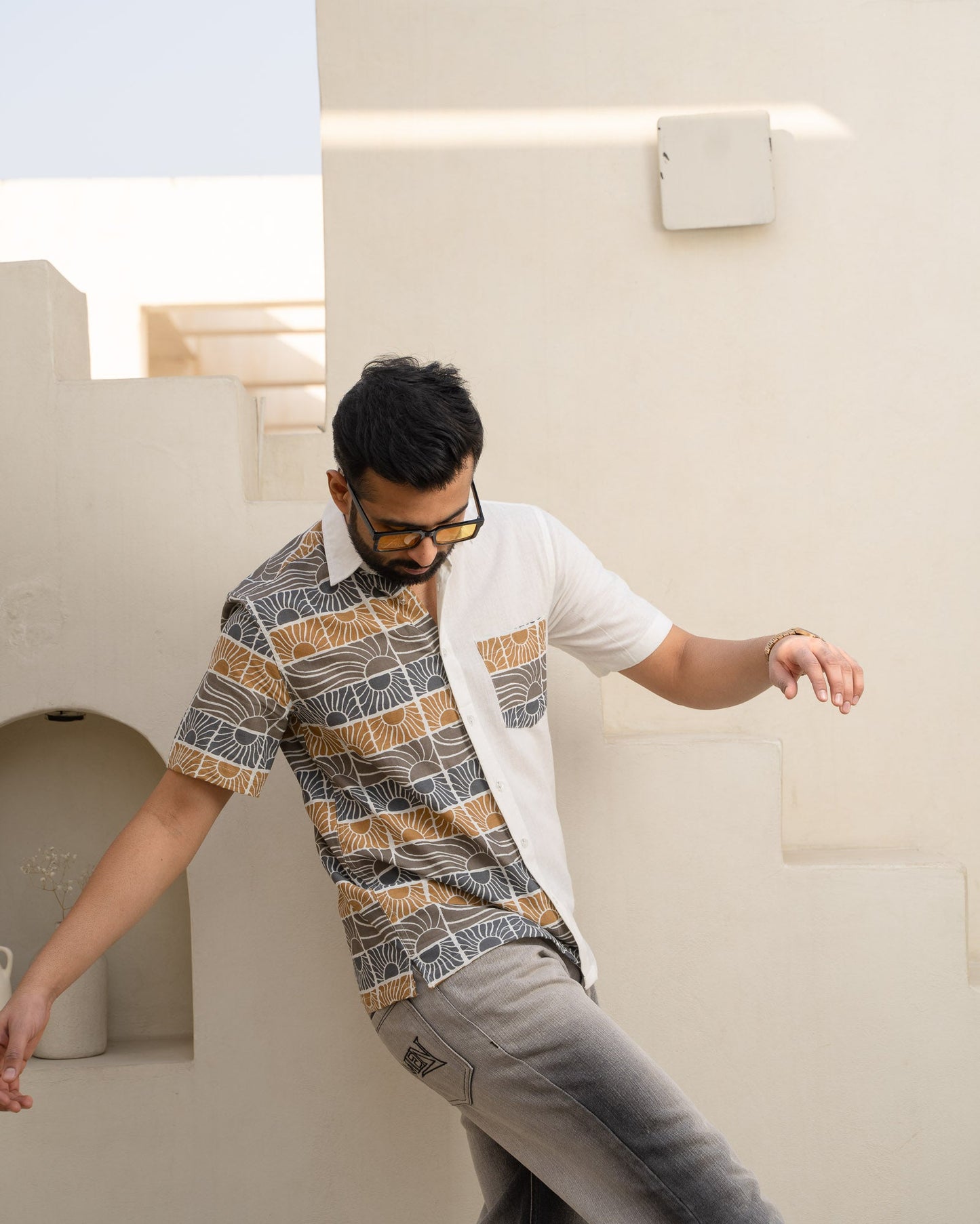 Beach Sun Half And Half Beige Linen Shirt