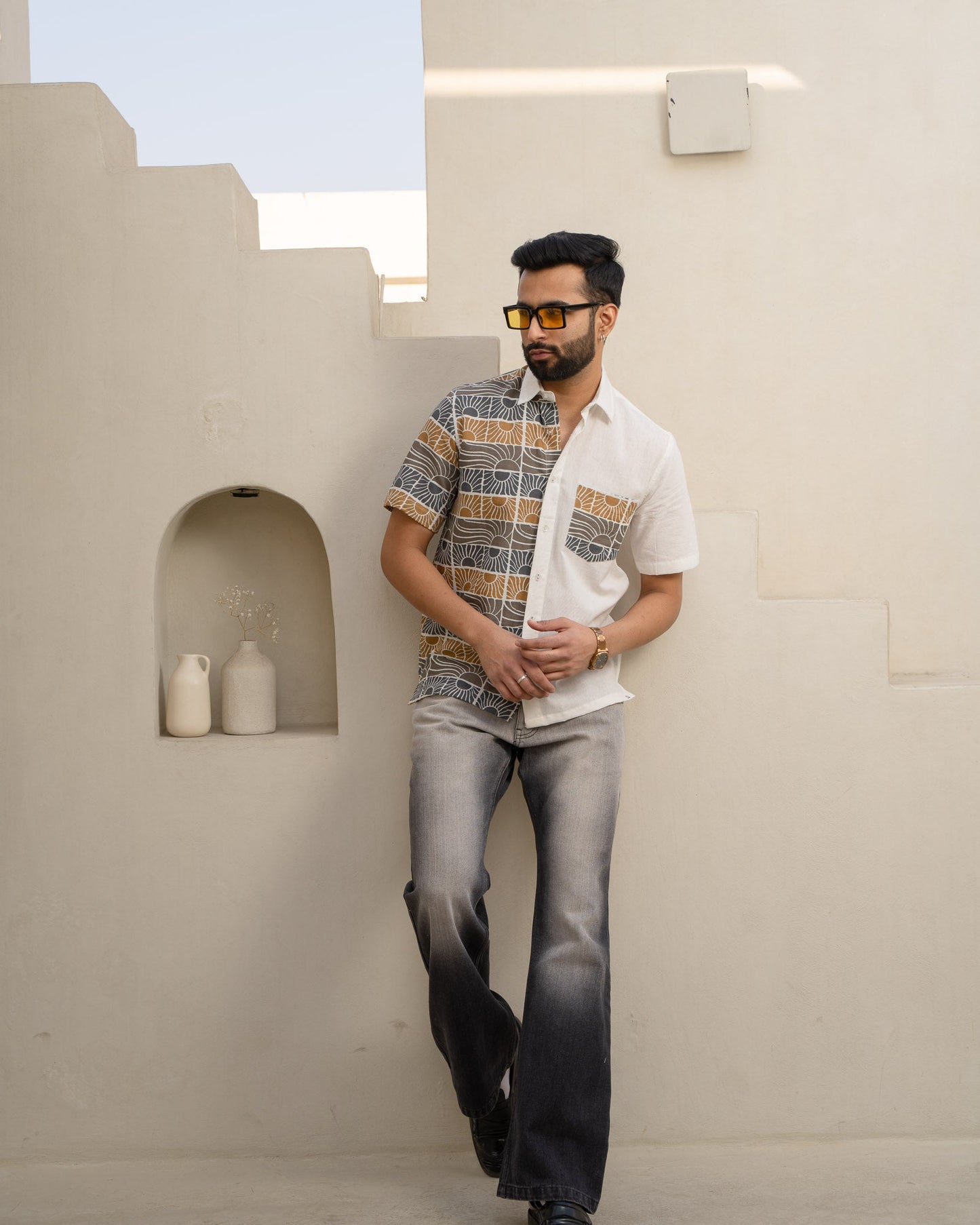 Beach Sun Half And Half Beige Linen Shirt