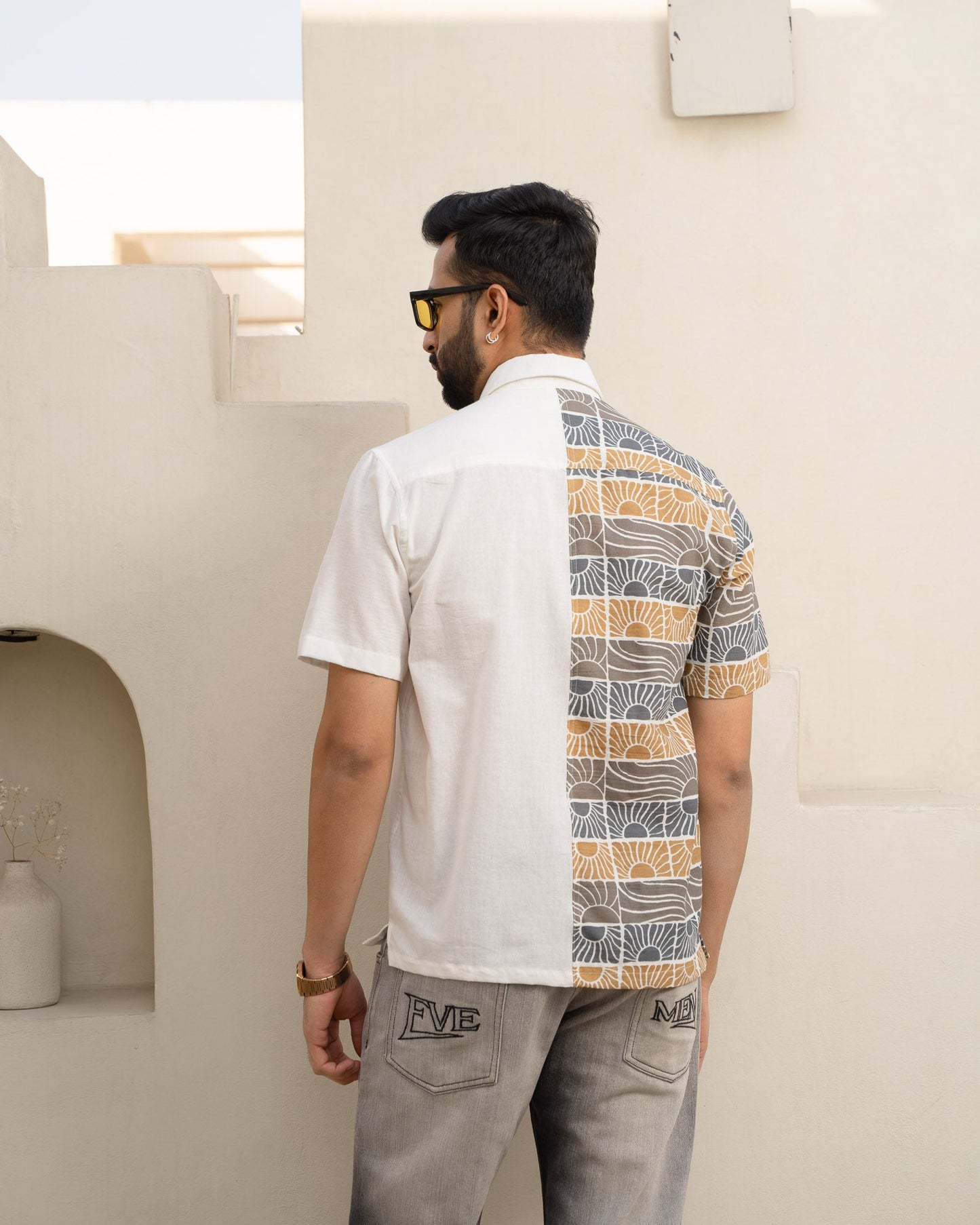 Beach Sun Half And Half Beige Linen Shirt