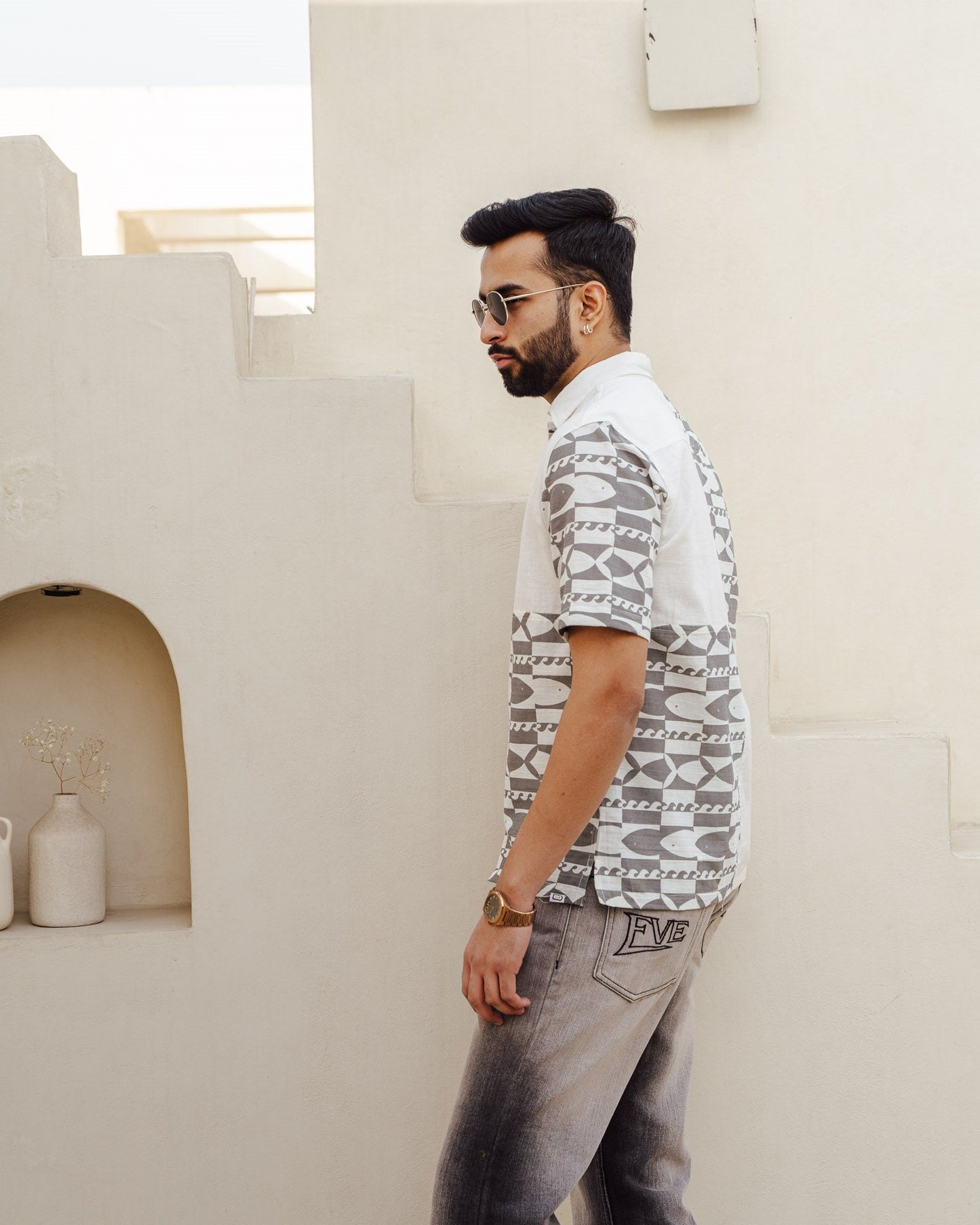 Funky Fish Teal Blue Checks Linen Shirt