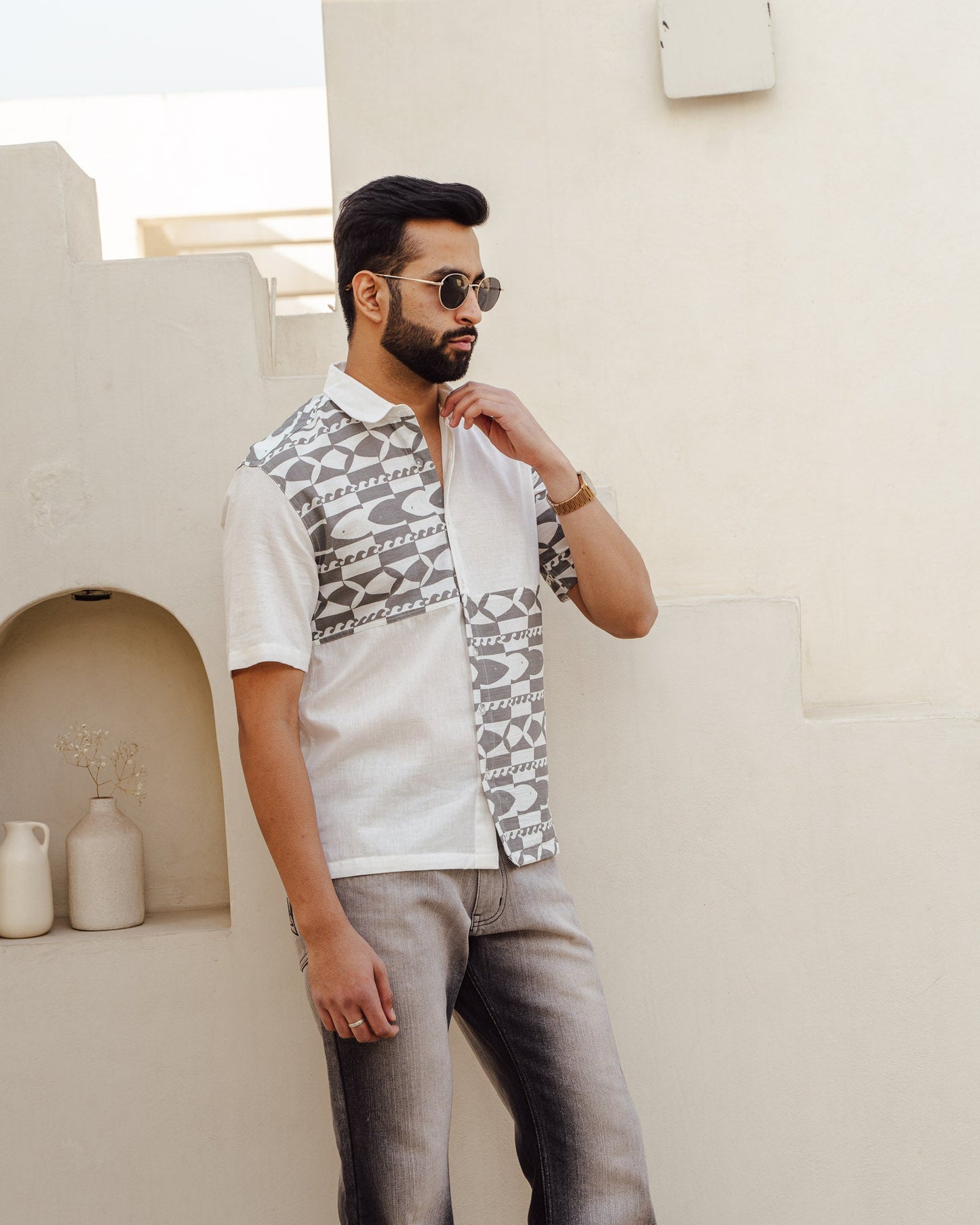 Funky Fish Teal Blue Checks Linen Shirt