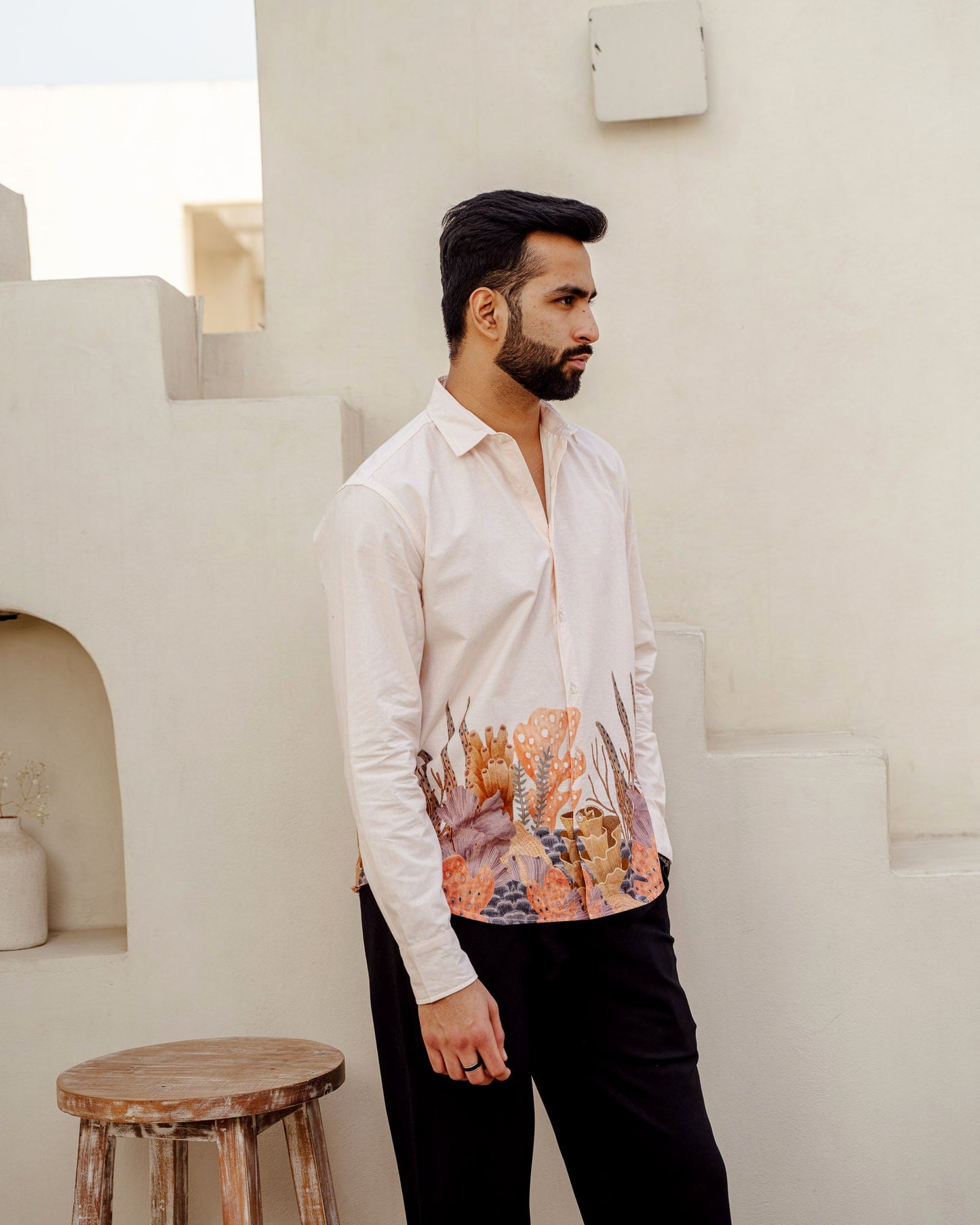 Aquatic Plant Ivory Full Sleeves Cotton Shirt