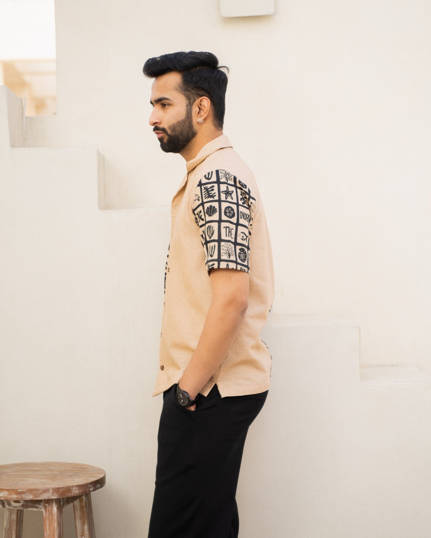 Aqua Block Ebony Beige Linen Shirt