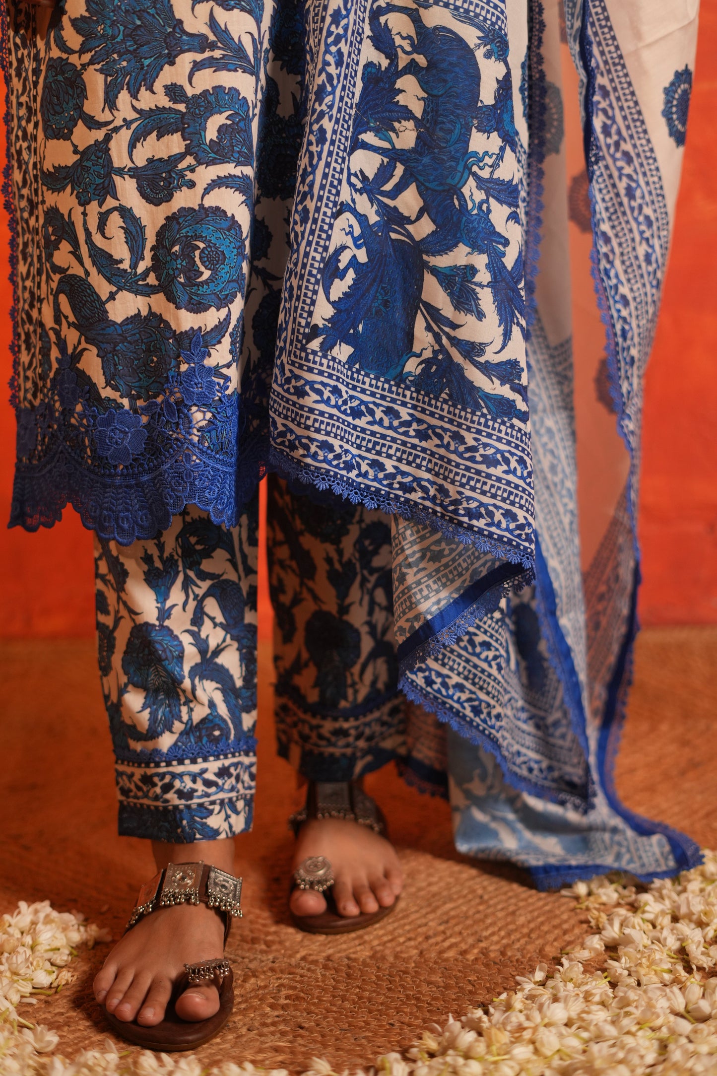 Blue Floral Print Cotton Kurta set with Dupatta