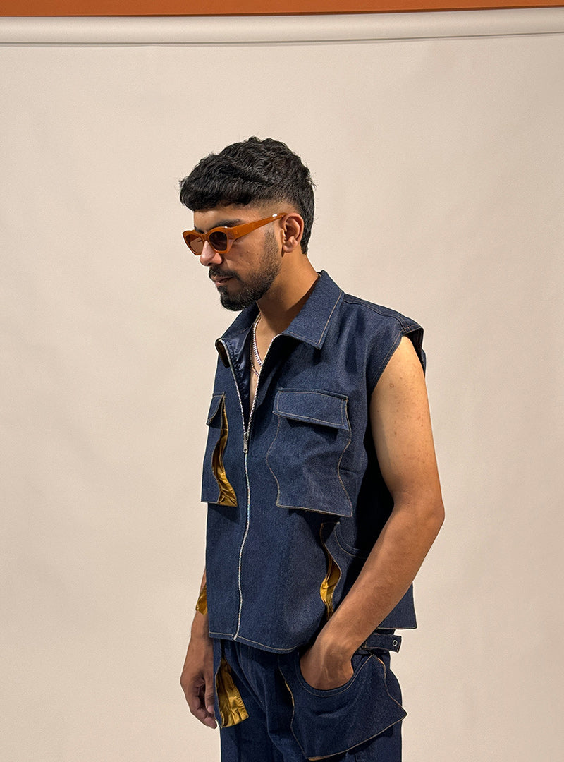 lahar blue denim jacket sleeveless set