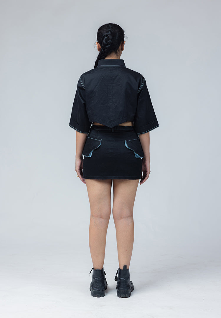 jaal crop black shirt skirt set
