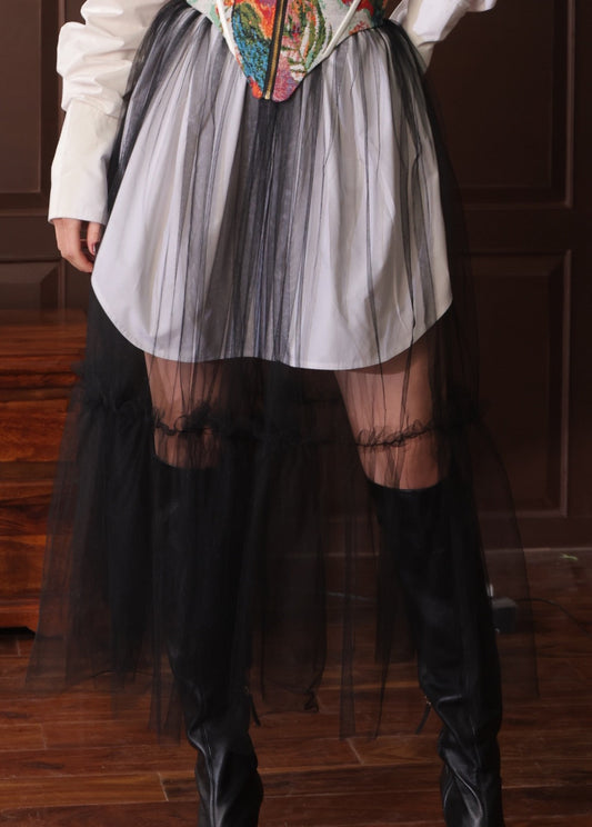 BLACK TULLE LAYERED LONG SKIRT