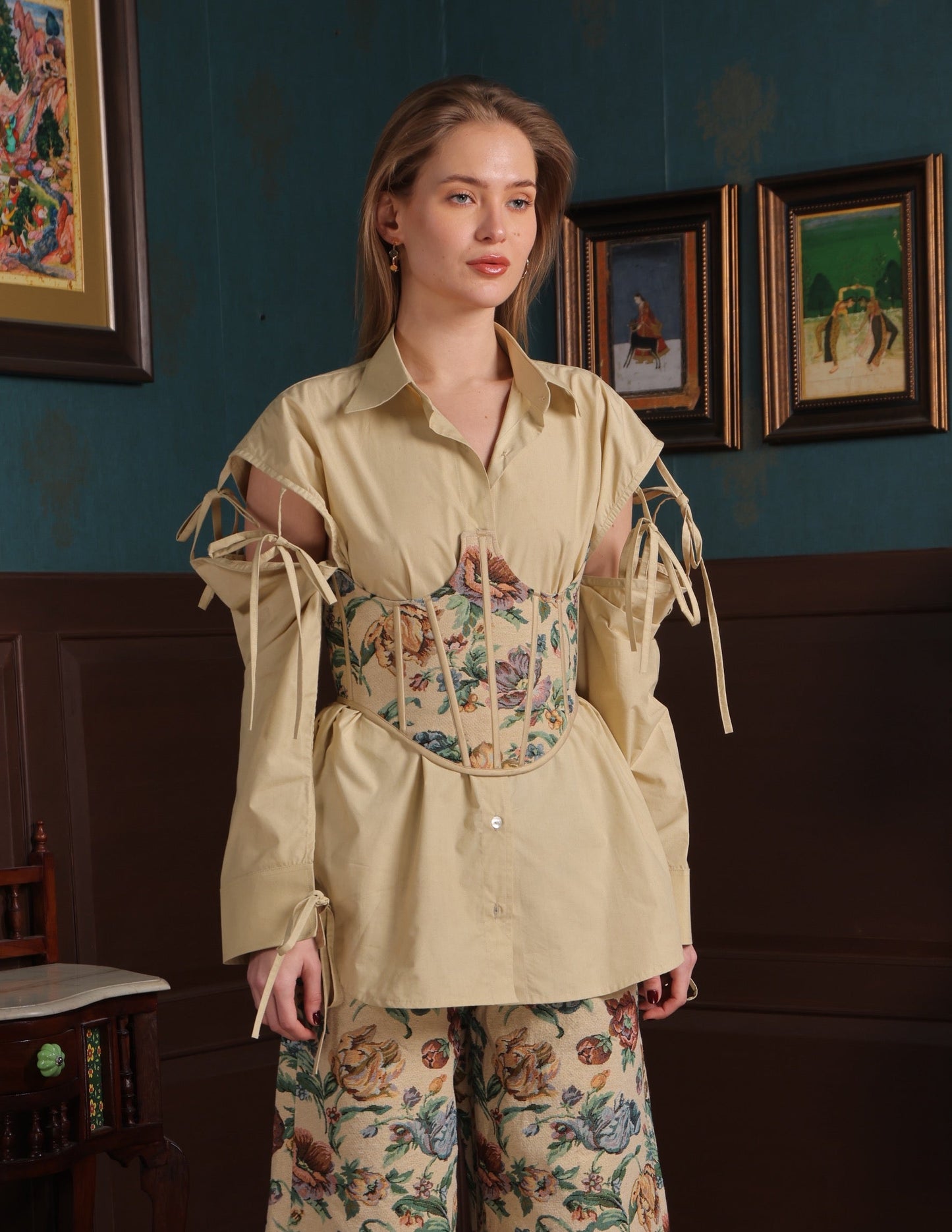 BEIGE TIE UP SLEEVE SHIRT