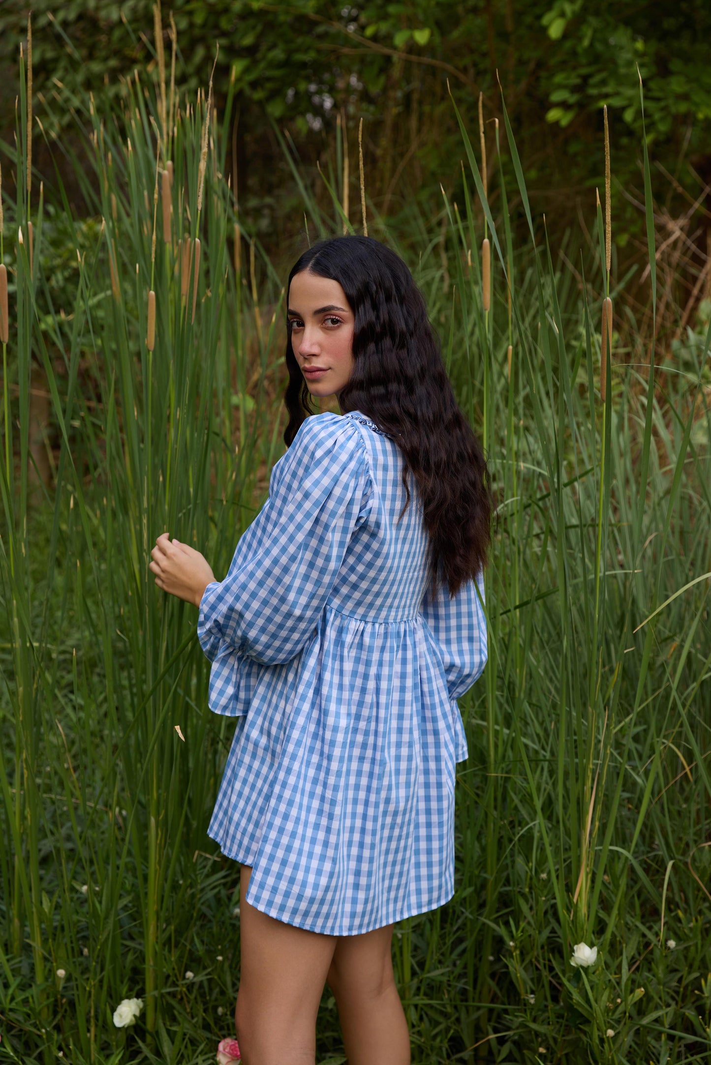 Blue Checked Flared Mini Dress