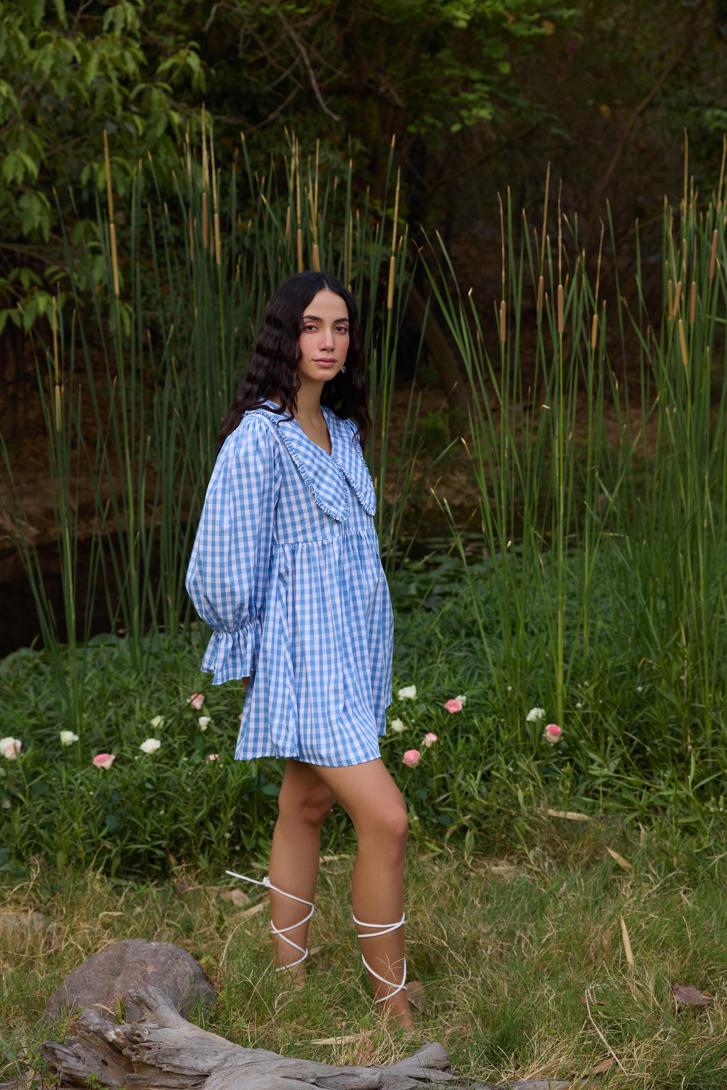 Blue Checked Flared Mini Dress