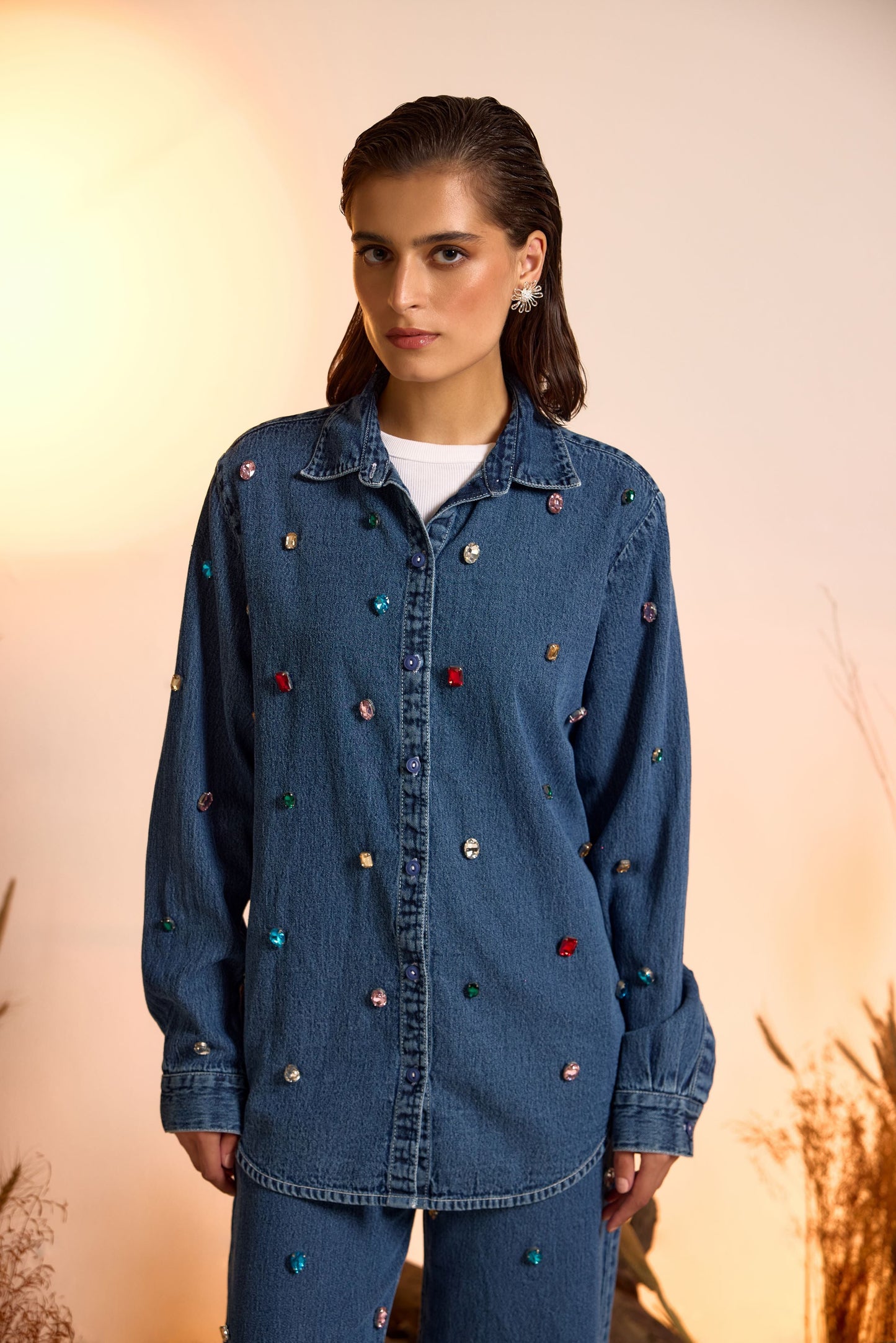 Crystal Studded Denim Shirt & Jeans Set