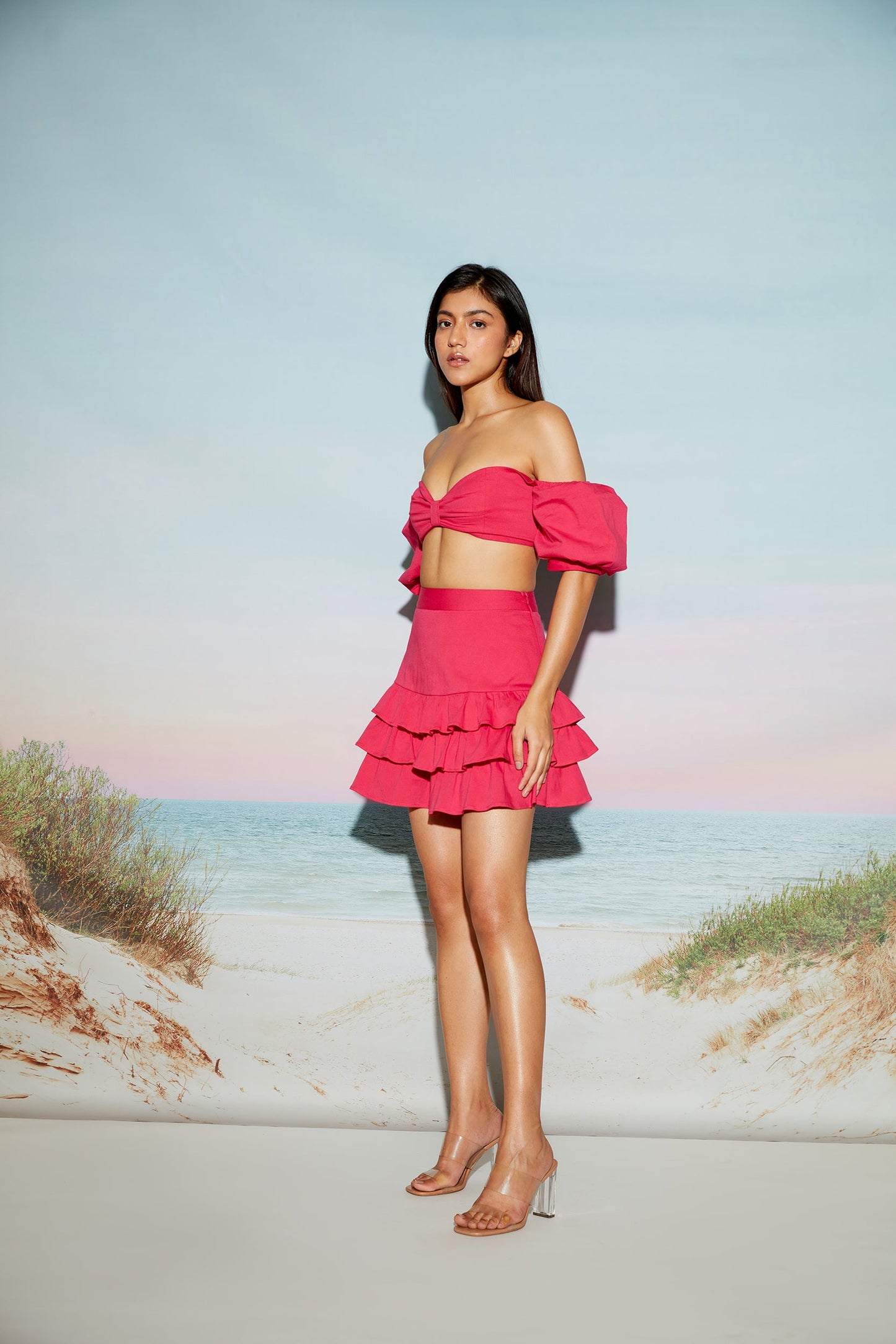 Off shoulder bow top and Frill Mini skirt Set