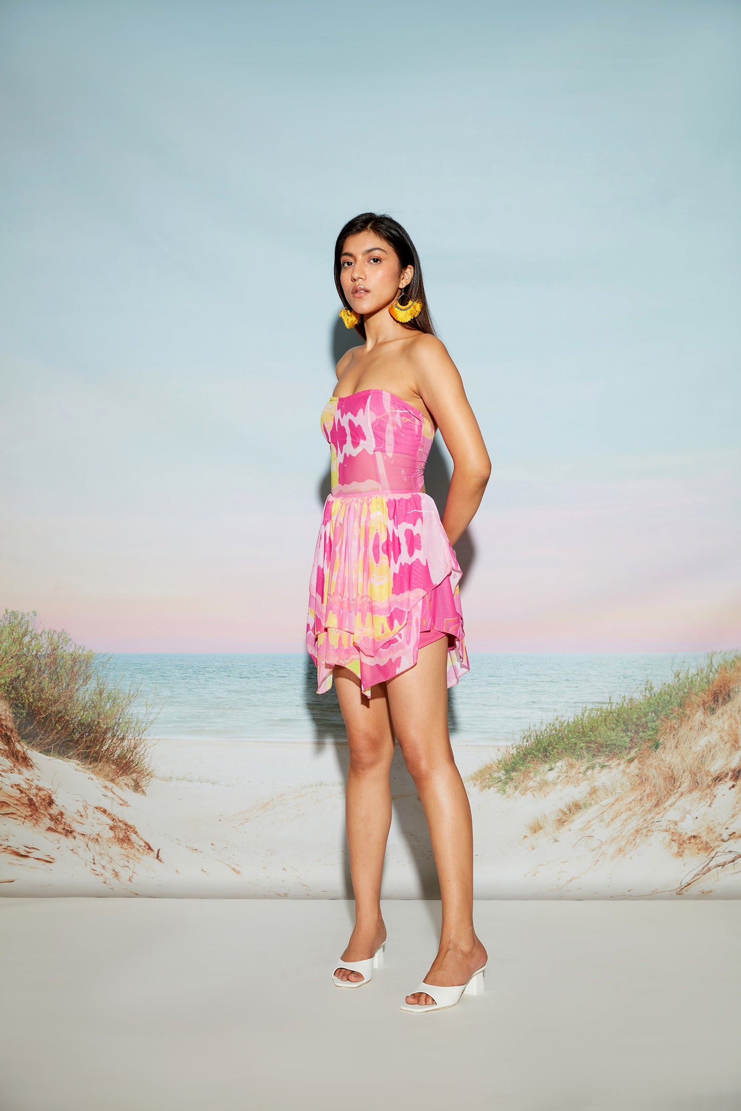 Pink Tiered Mini Dress with Back Tie Up