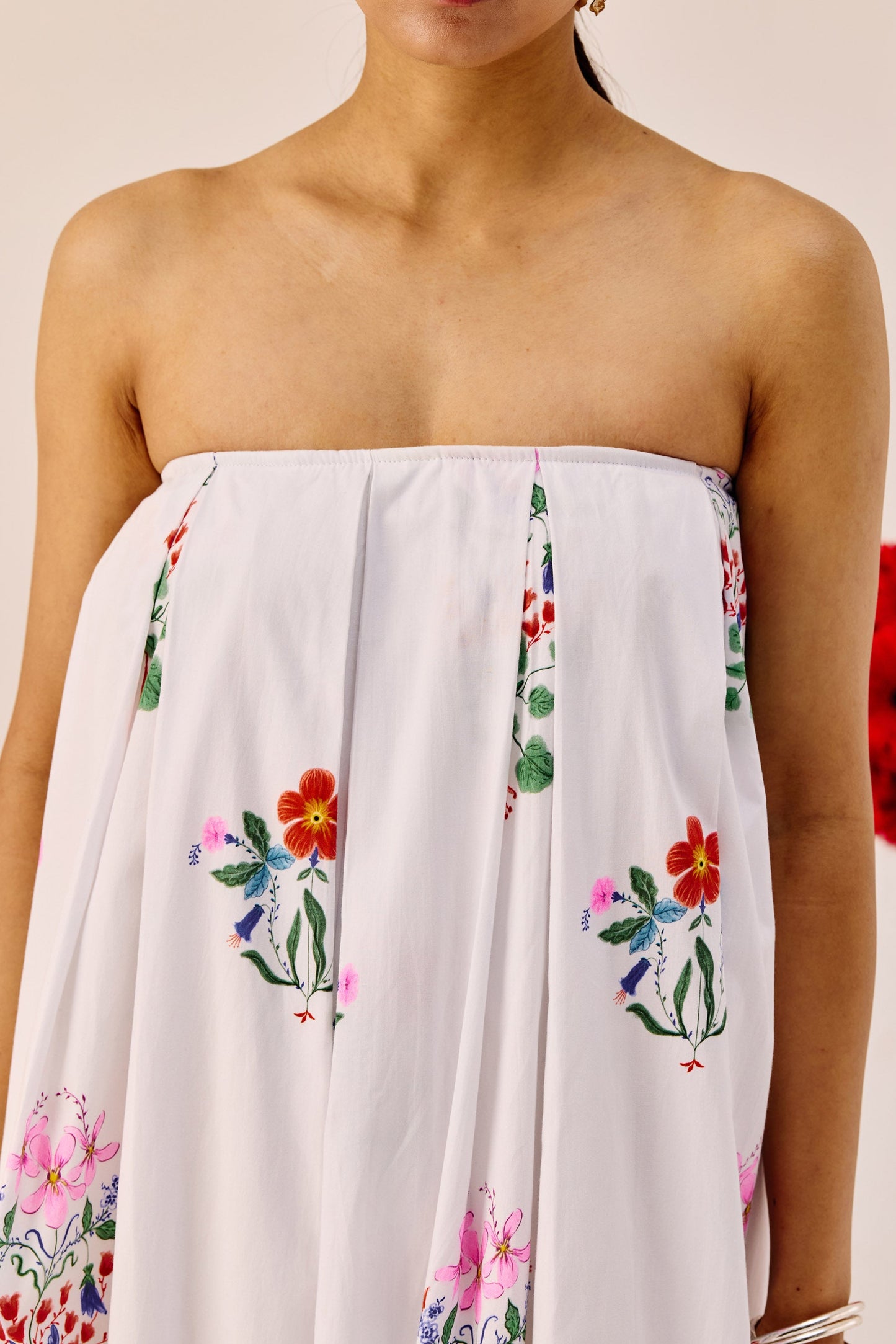 White Floral Wide Leg Strapless Jumpsuit