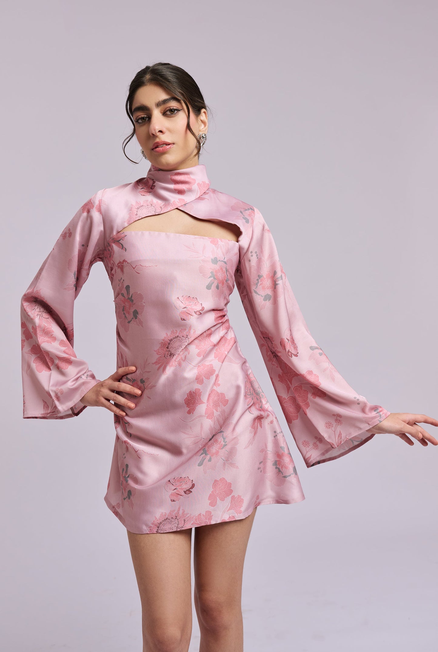 Iris Pink Flower Print Full Sleeve Short Dress with a Criss Cross Collar