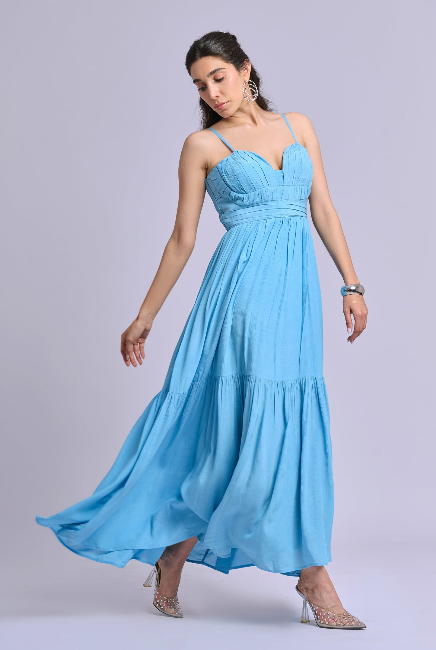 Elara Blue Strappy Pleated Flowy Maxi Dress