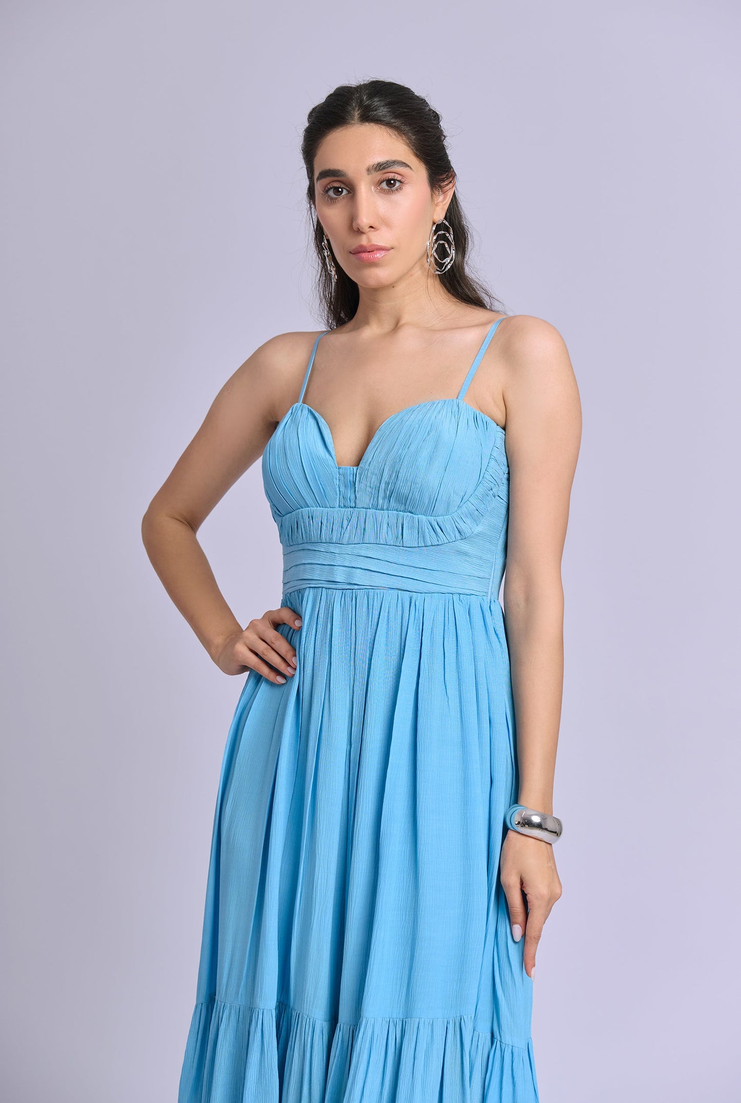 Elara Blue Strappy Pleated Flowy Maxi Dress