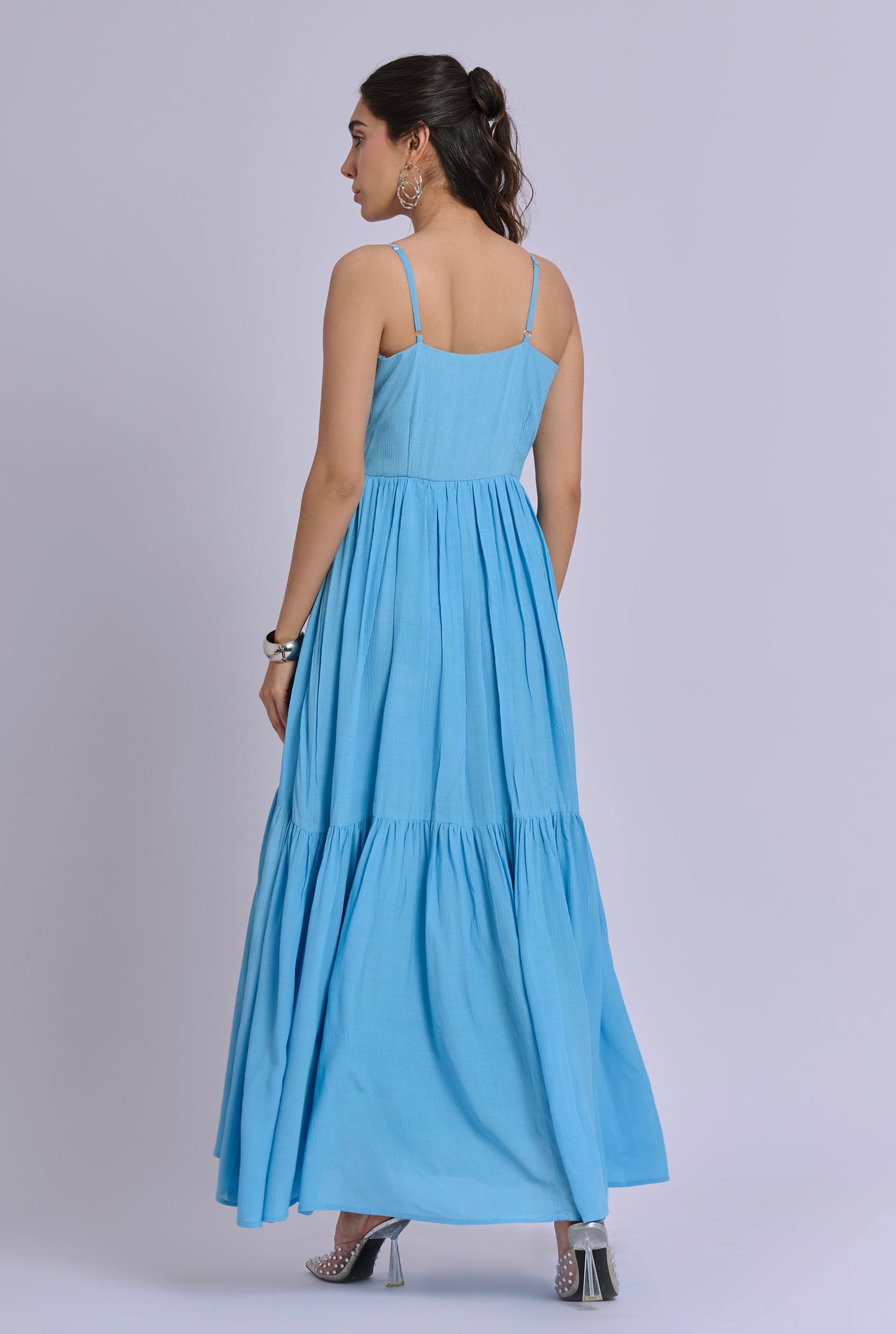Elara Blue Strappy Pleated Flowy Maxi Dress