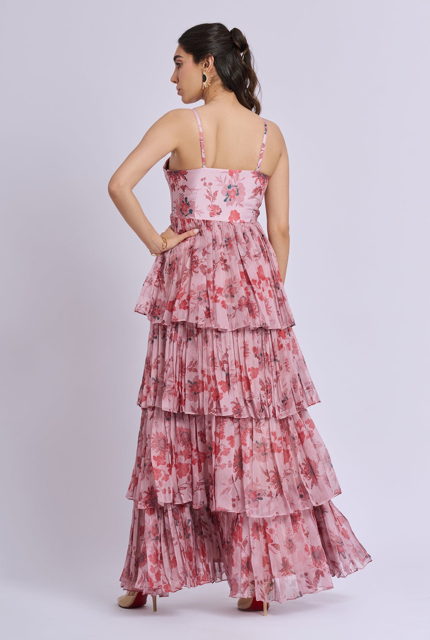 Coredelia Pink Flower Print Ruffle Maxi Dress