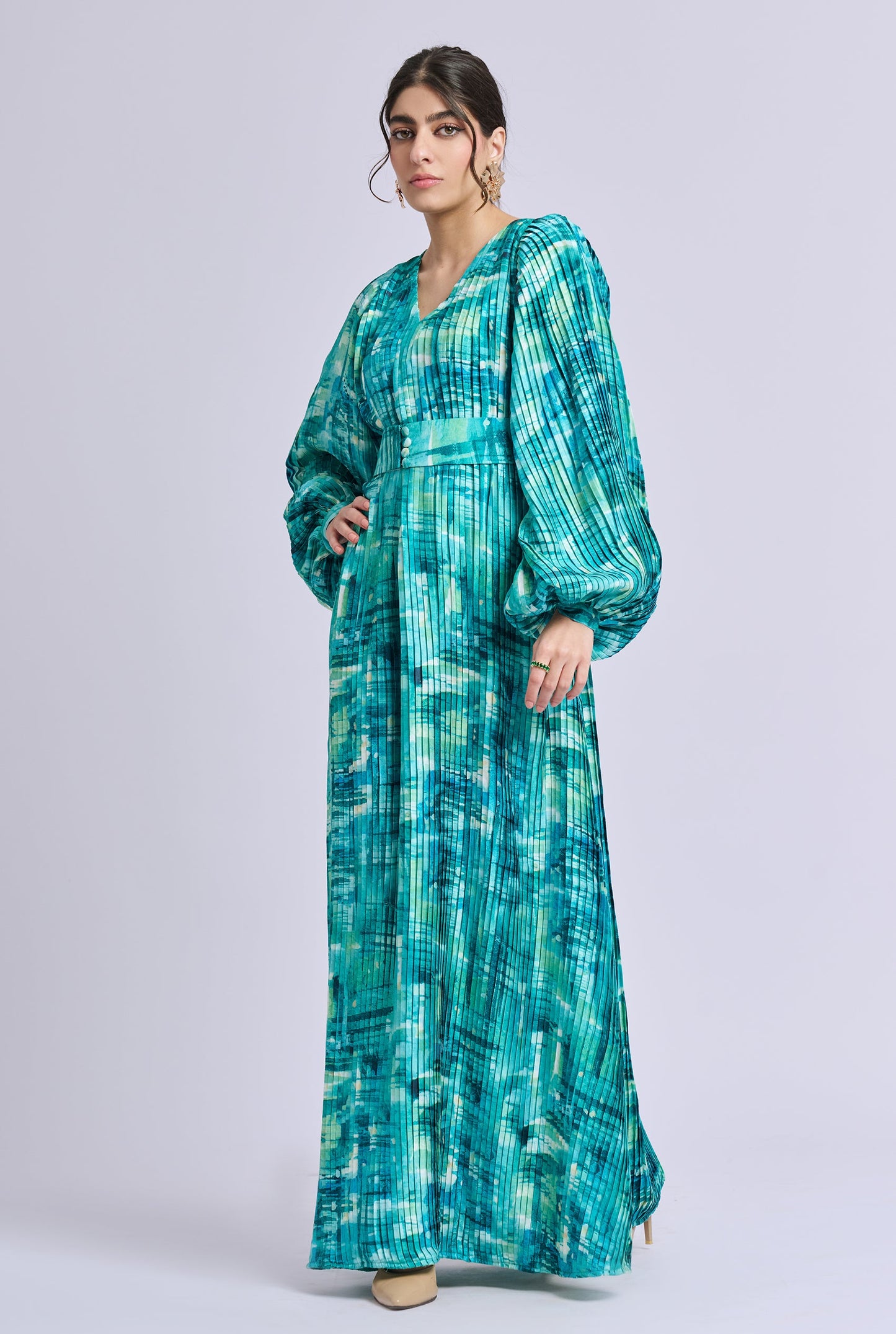 Oceana Blue and Green Brush Stroke Print Balloon Sleeve Maxi Dress with Belt