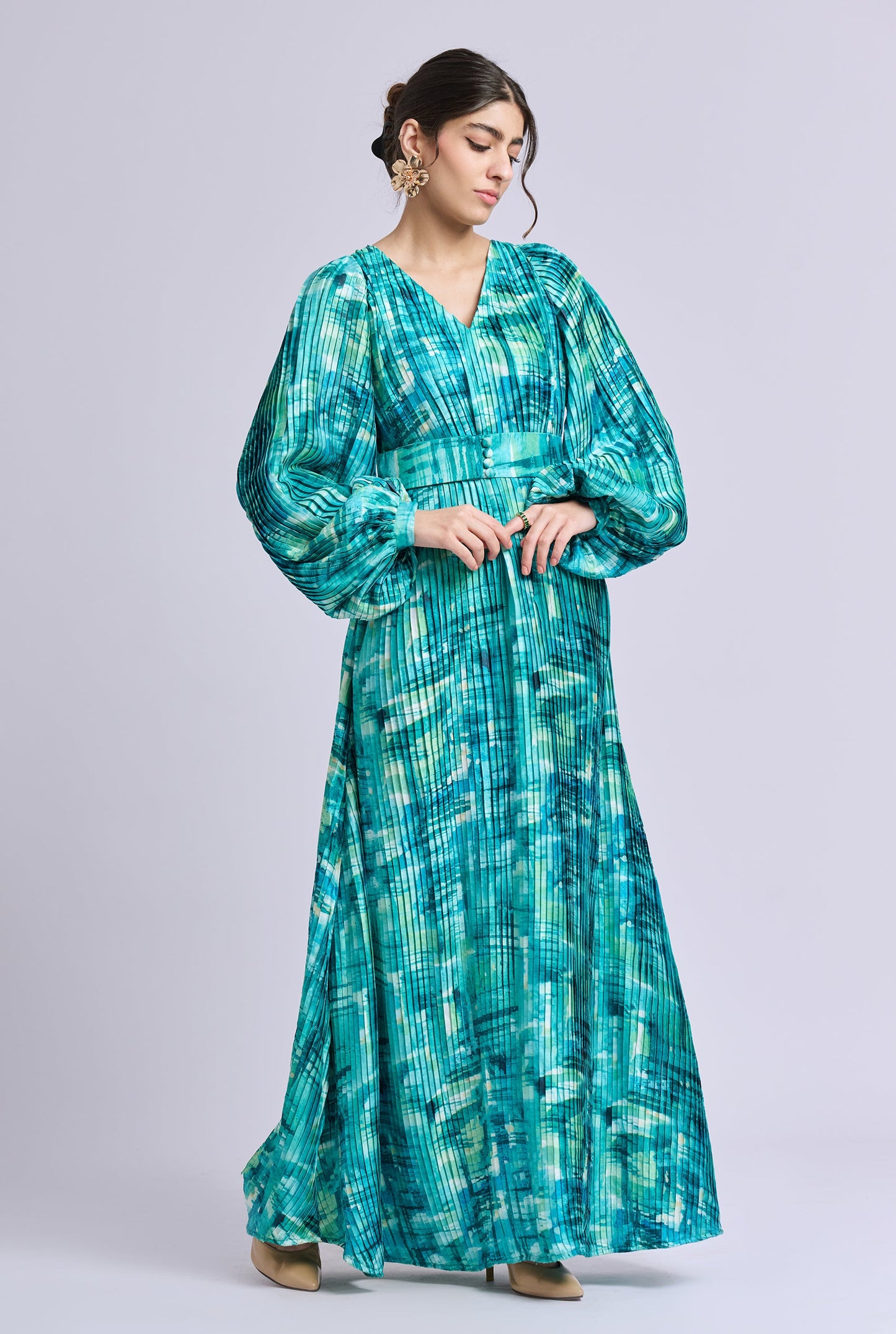 Oceana Blue and Green Brush Stroke Print Balloon Sleeve Maxi Dress with Belt