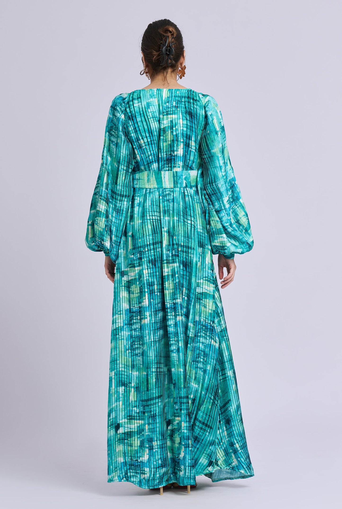 Oceana Blue and Green Brush Stroke Print Balloon Sleeve Maxi Dress with Belt