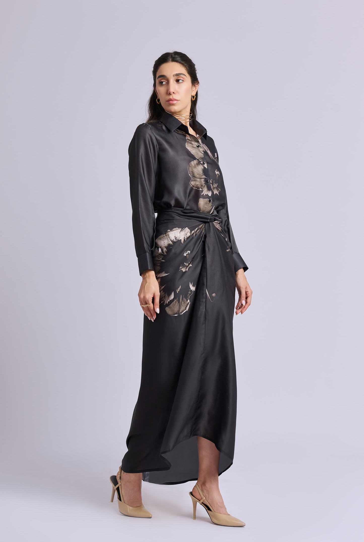 Ava Black and Gold Flower Print Shirt with Draped Skirt Co-ord Set